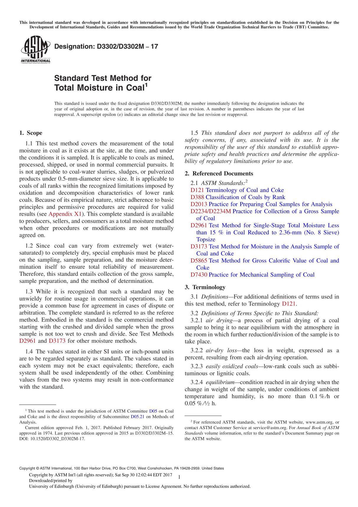 ASTM D3302D 3302M-17 Standard Test Method for Total Moisture in Coal