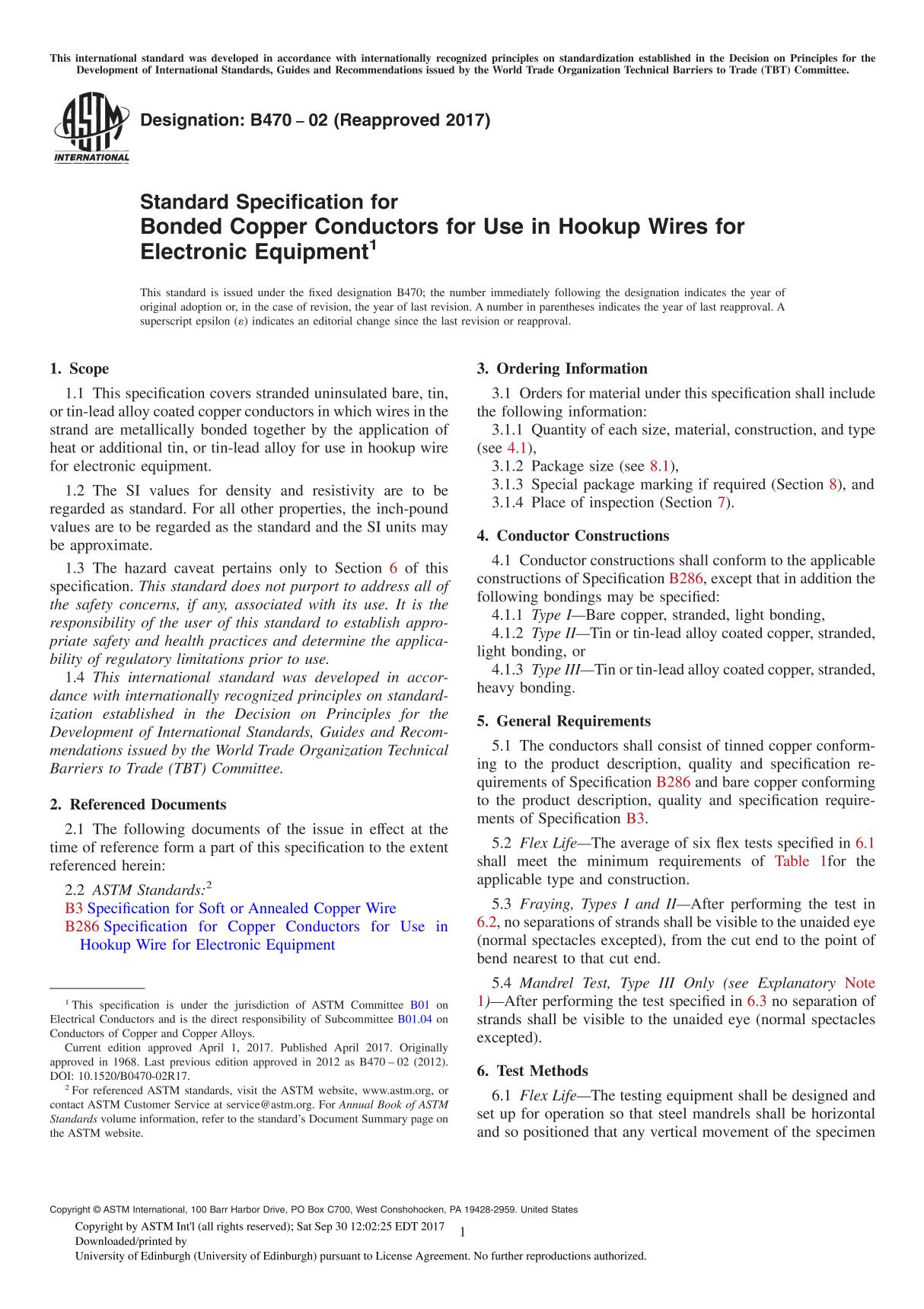 ASTM B470-02(2017) Standard Specification for Bonded Copper Conductors for Use in Hookup Wires for Electronic Equipment