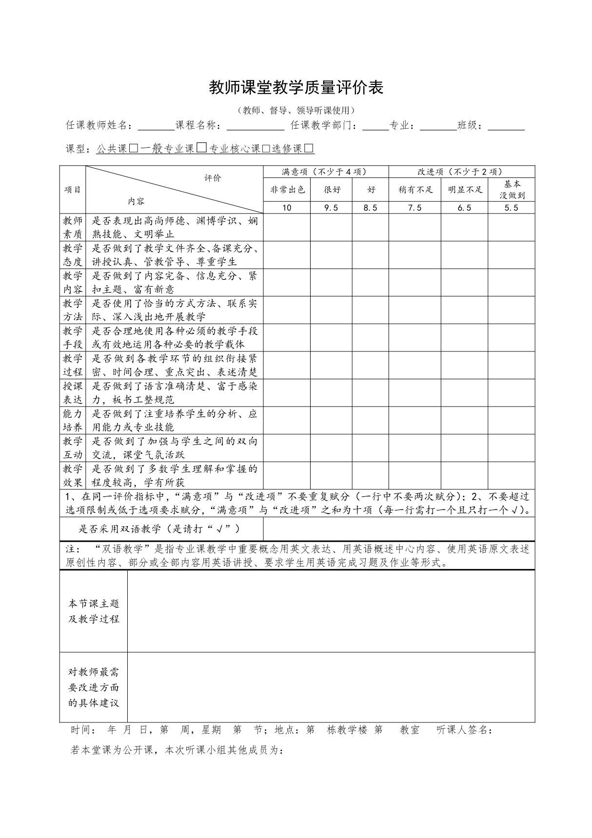 教师课堂教学质量评价表(模板)