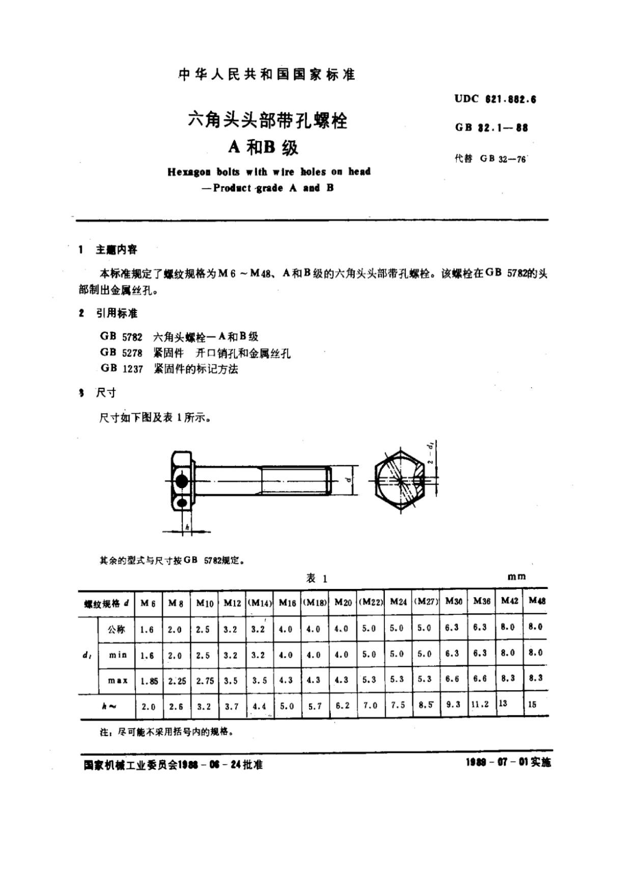 GB T32.1-1988六角头头部带孔螺栓A和B级 (高清版)