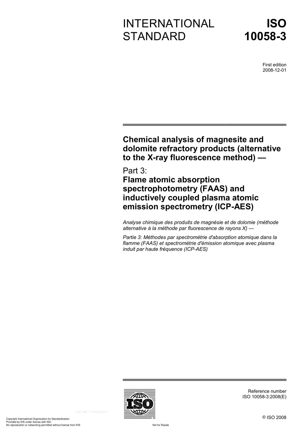 ISO 10058-3 Chemical analysis of magnesite and dolomite refractory products (alternative to the X-ray fluorescence method)