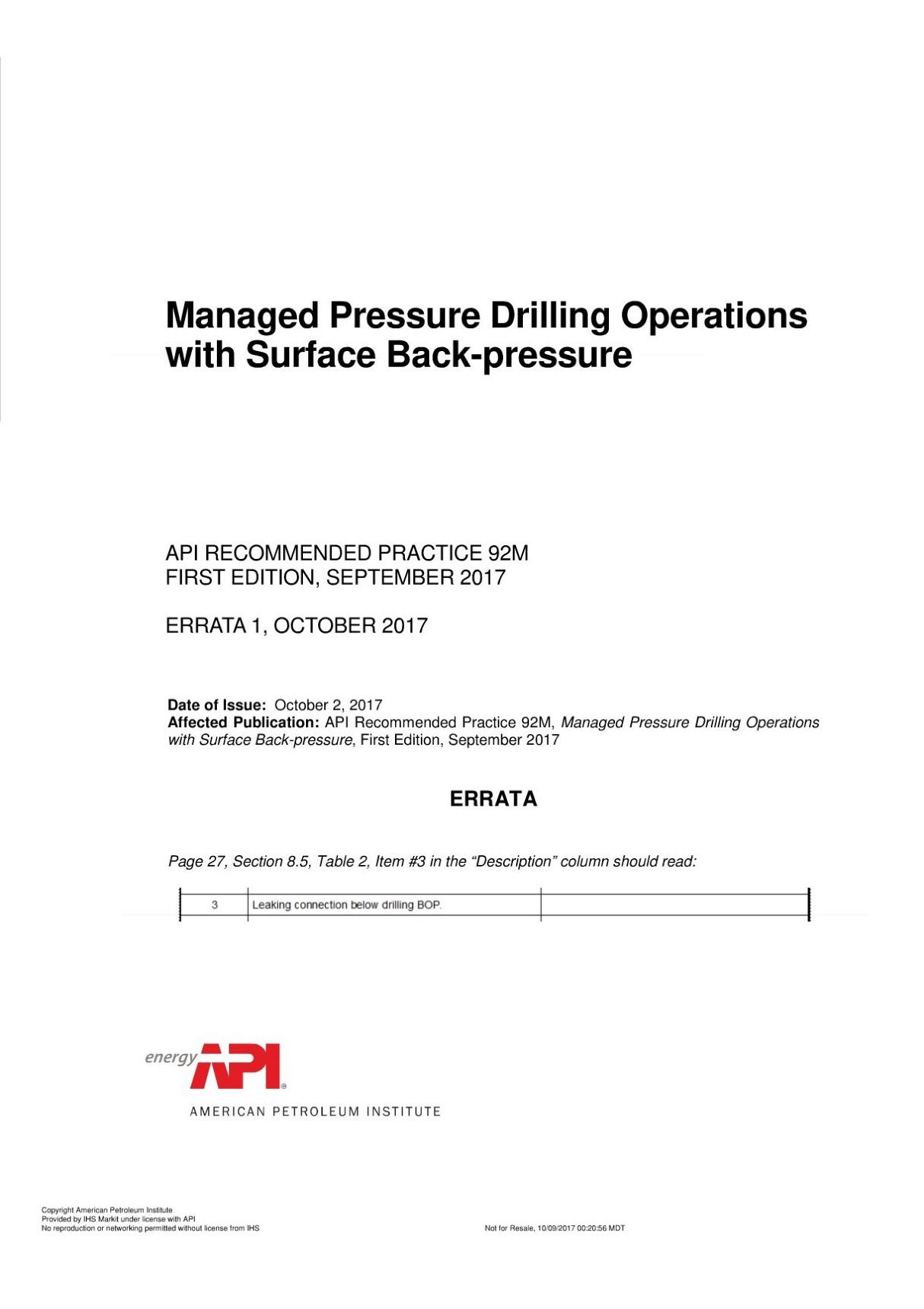 API RP 92M Managed Pressure Drilling Operations with Surface Back-pressure