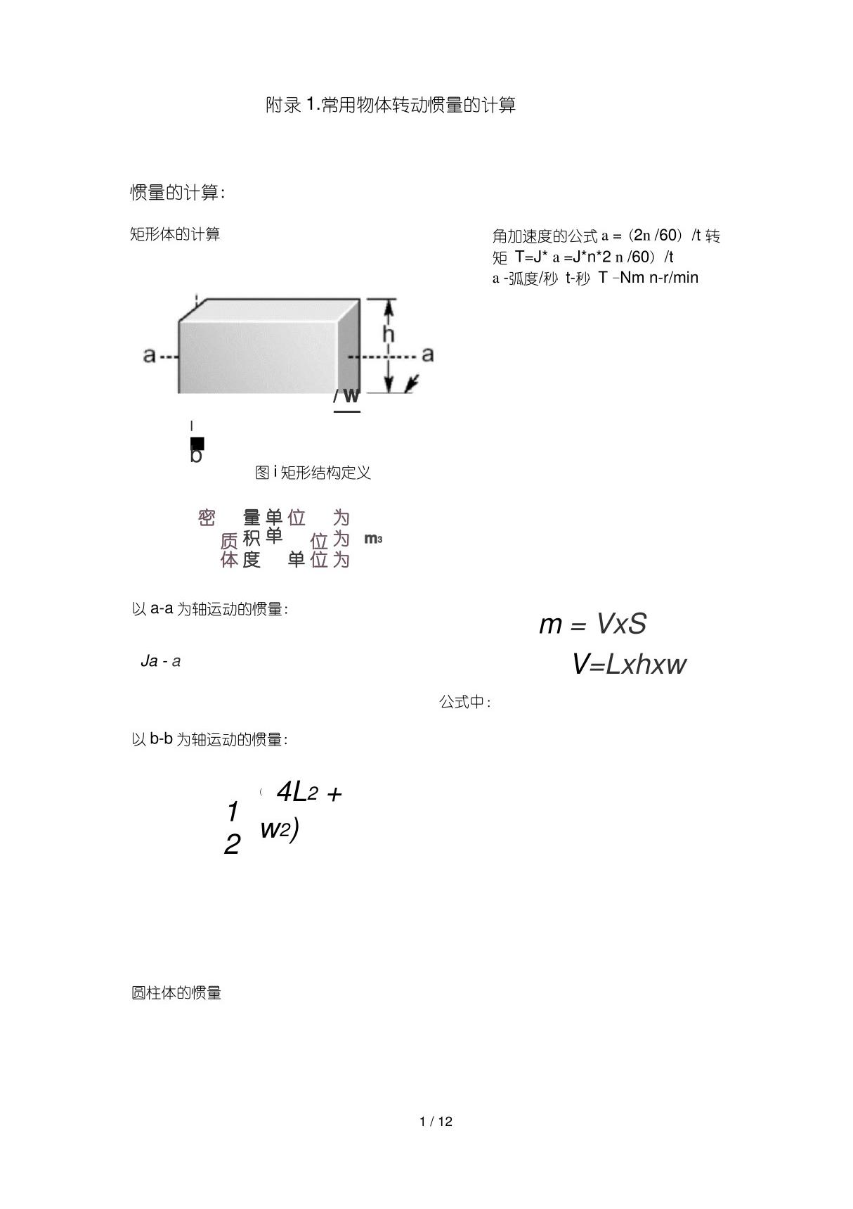 常用物体转动惯量