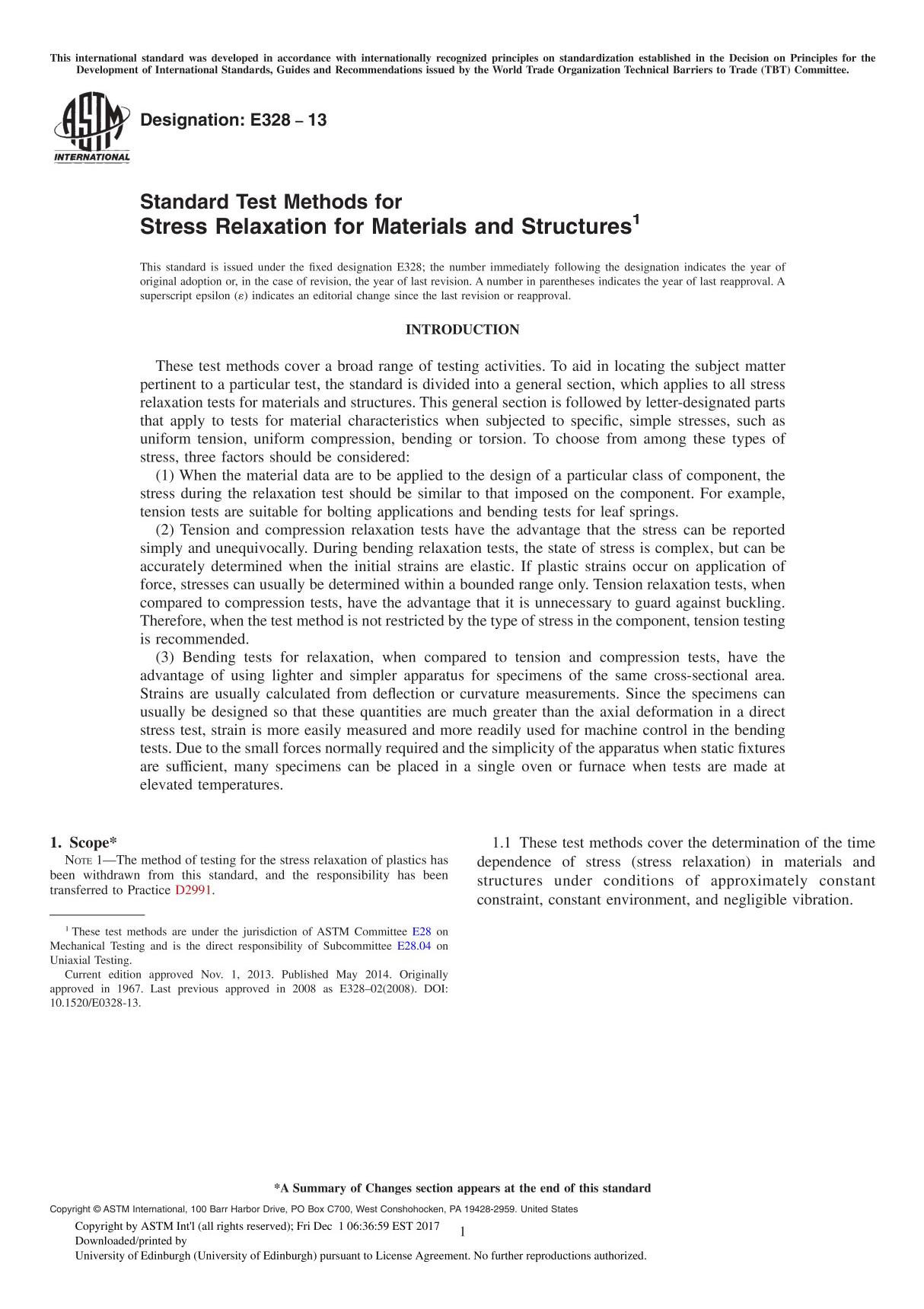 STANDARD TEST METHODS FOR STRESS RELAXATION FOR MATERIALS AND STRUCTURES - INCLUDES STANDARD   REDLINE (PDF)(ASTM E328   REDLINE