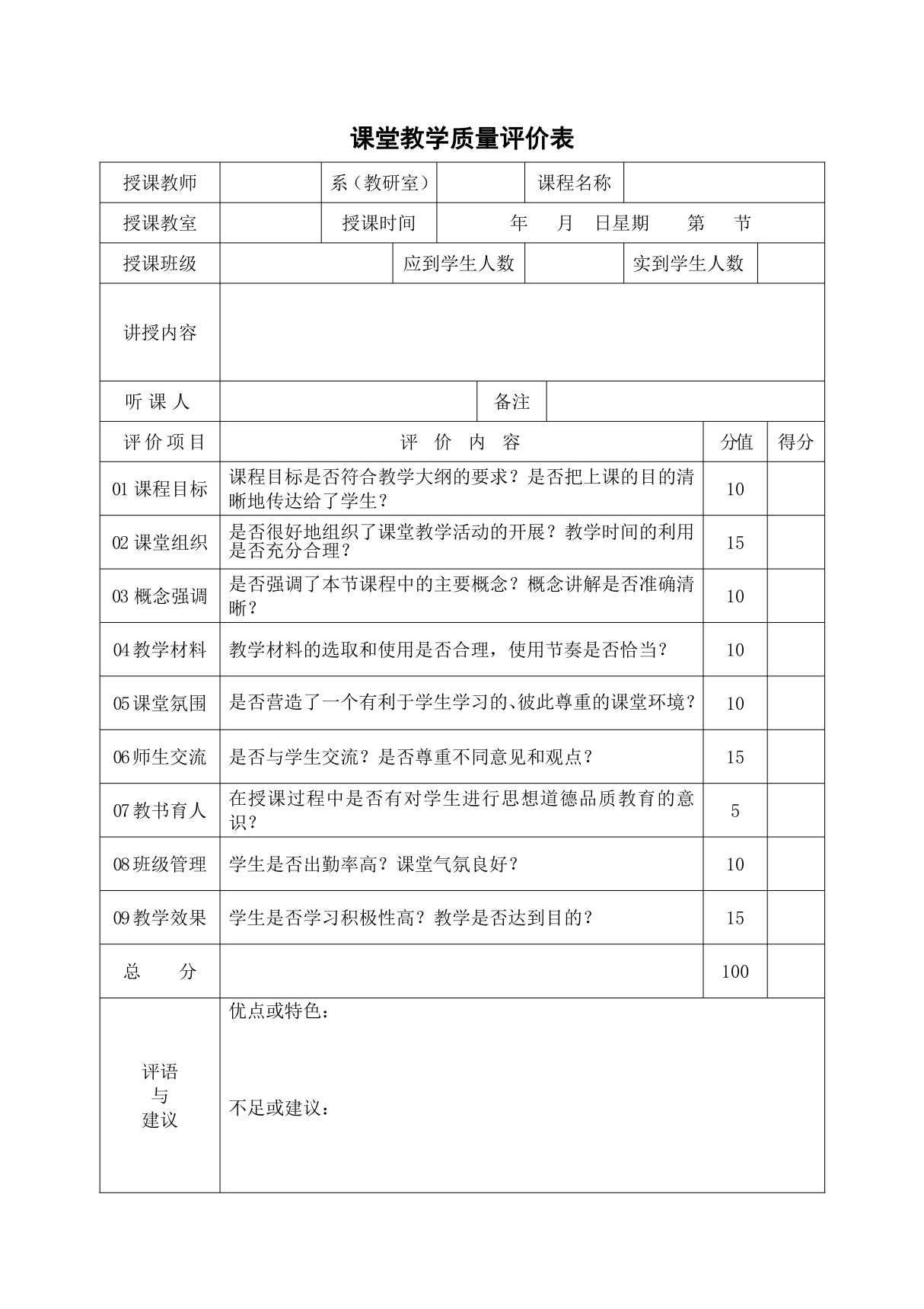 课堂教学质量评价表(模板)