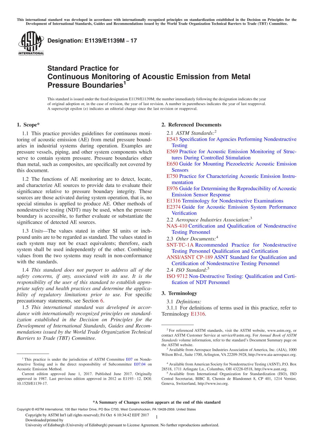 ASTM E1139 E1139M-17 Standard Practice for Continuous Monitoring of Acoustic Emission from Metal Pressure Boundarie