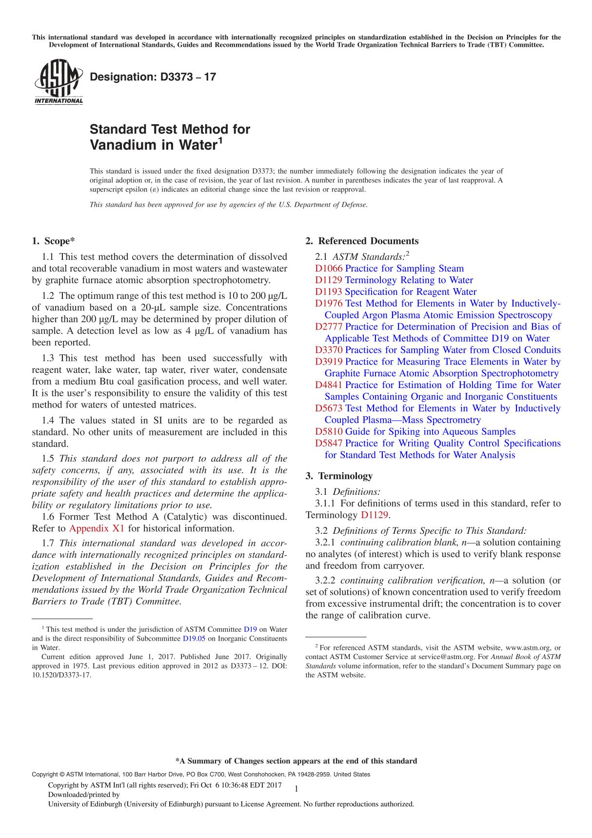 ASTM D3373-17 Standard Test Method for Vanadium in Water