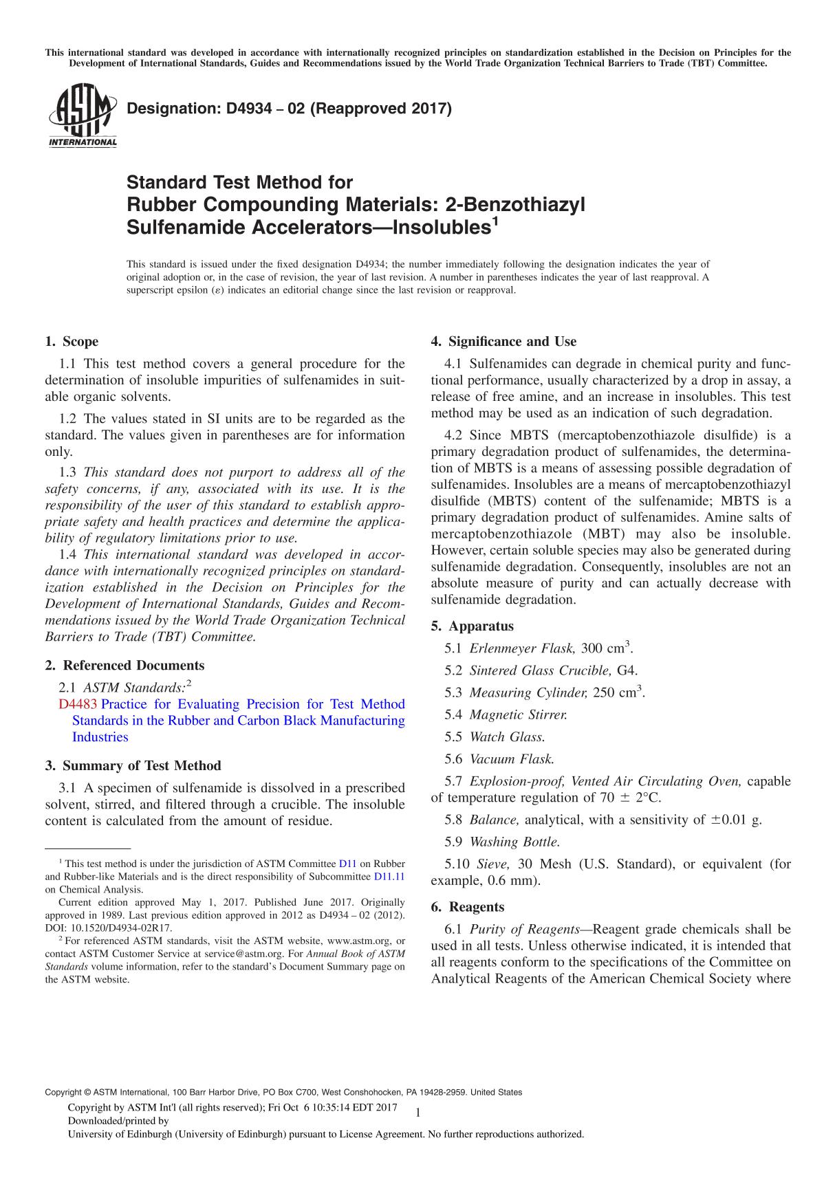 ASTM D4934-02(2017) Standard Test Method for Rubber Compounding Materials 2-Benzothiazyl Sulfenamide AcceleratorsInsoluble