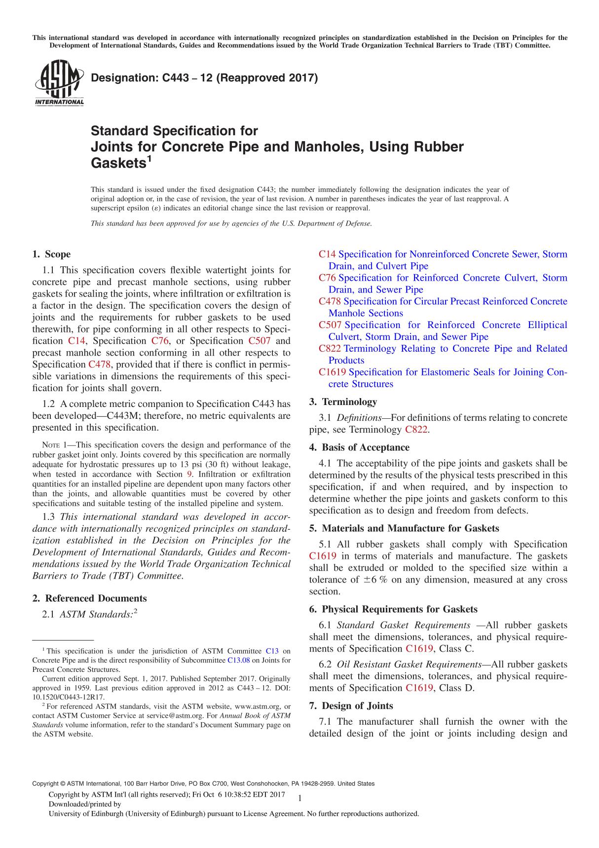 ASTM C443-12(2017) Standard Specification for Joints for Concrete Pipe and Manholes, Using Rubber Gasket