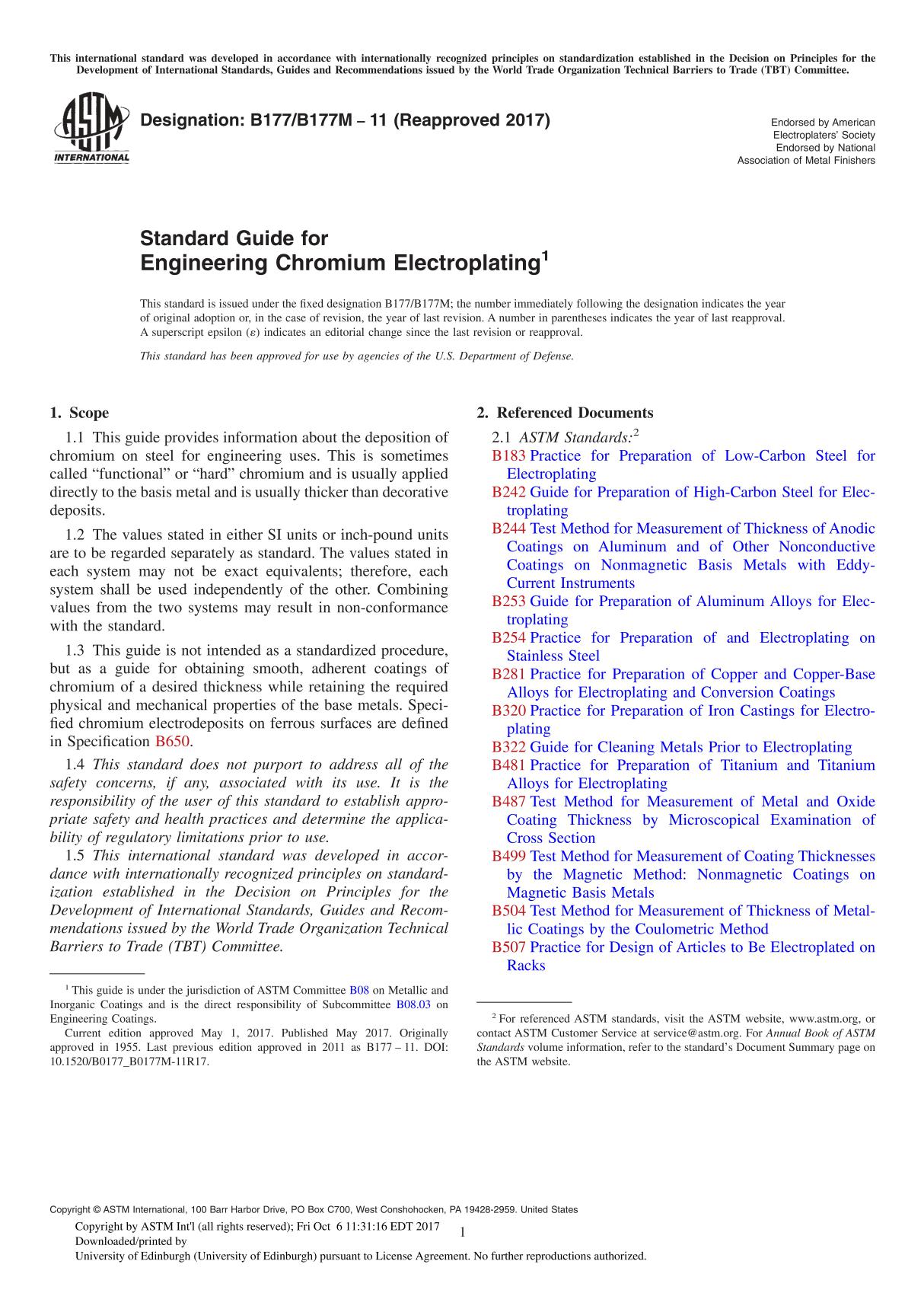 ASTM B177 B177M-11(2017) Standard Guide for Engineering Chromium Electroplating