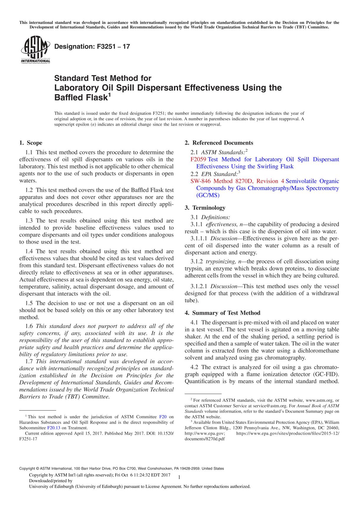 ASTM F3251-17 Standard Test Method for Laboratory Oil Spill Dispersant Effectiveness Using the Baffled Flask