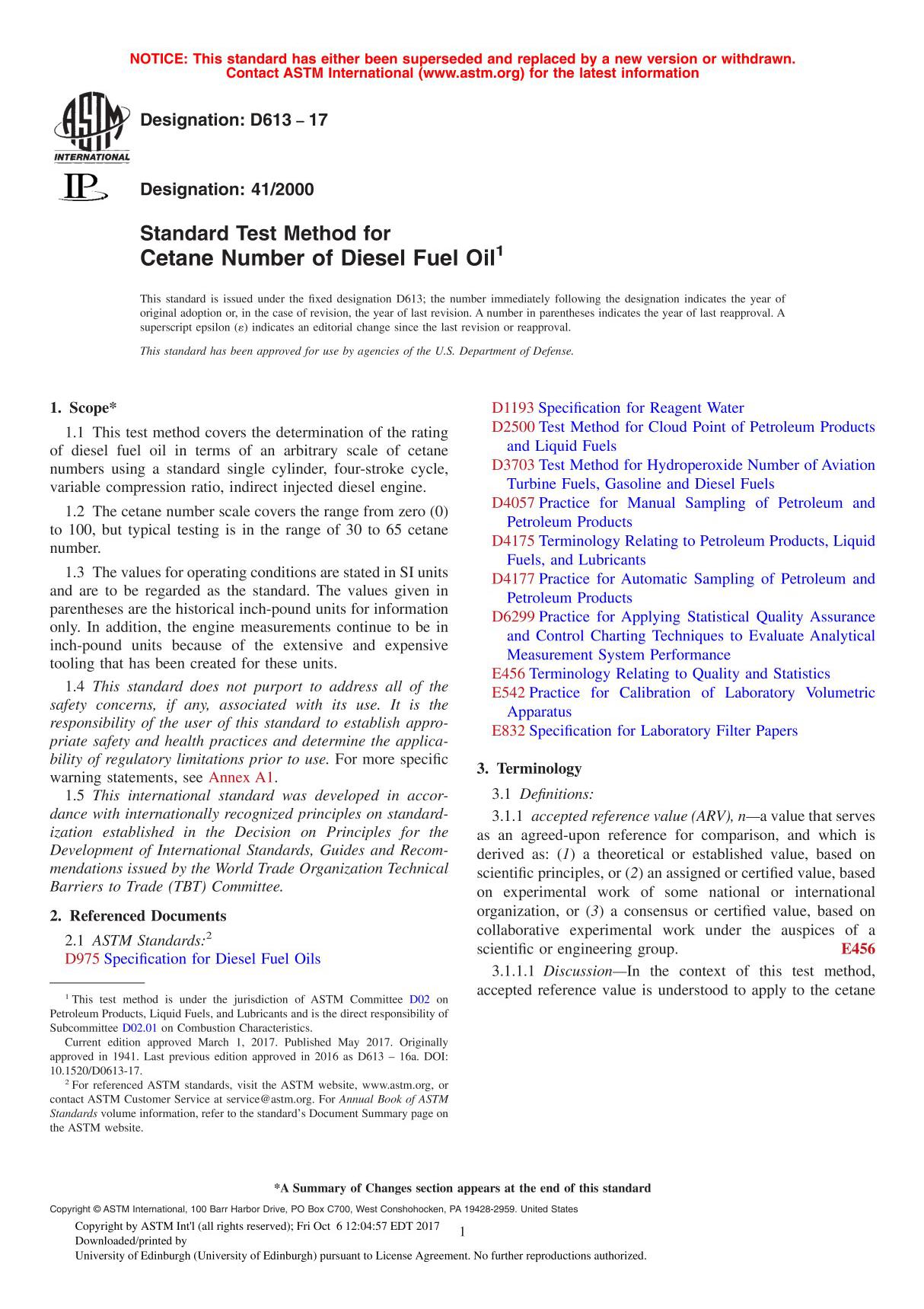 ASTM D613 - 17 Standard Test Method for Cetane Number of Diesel Fuel Oil