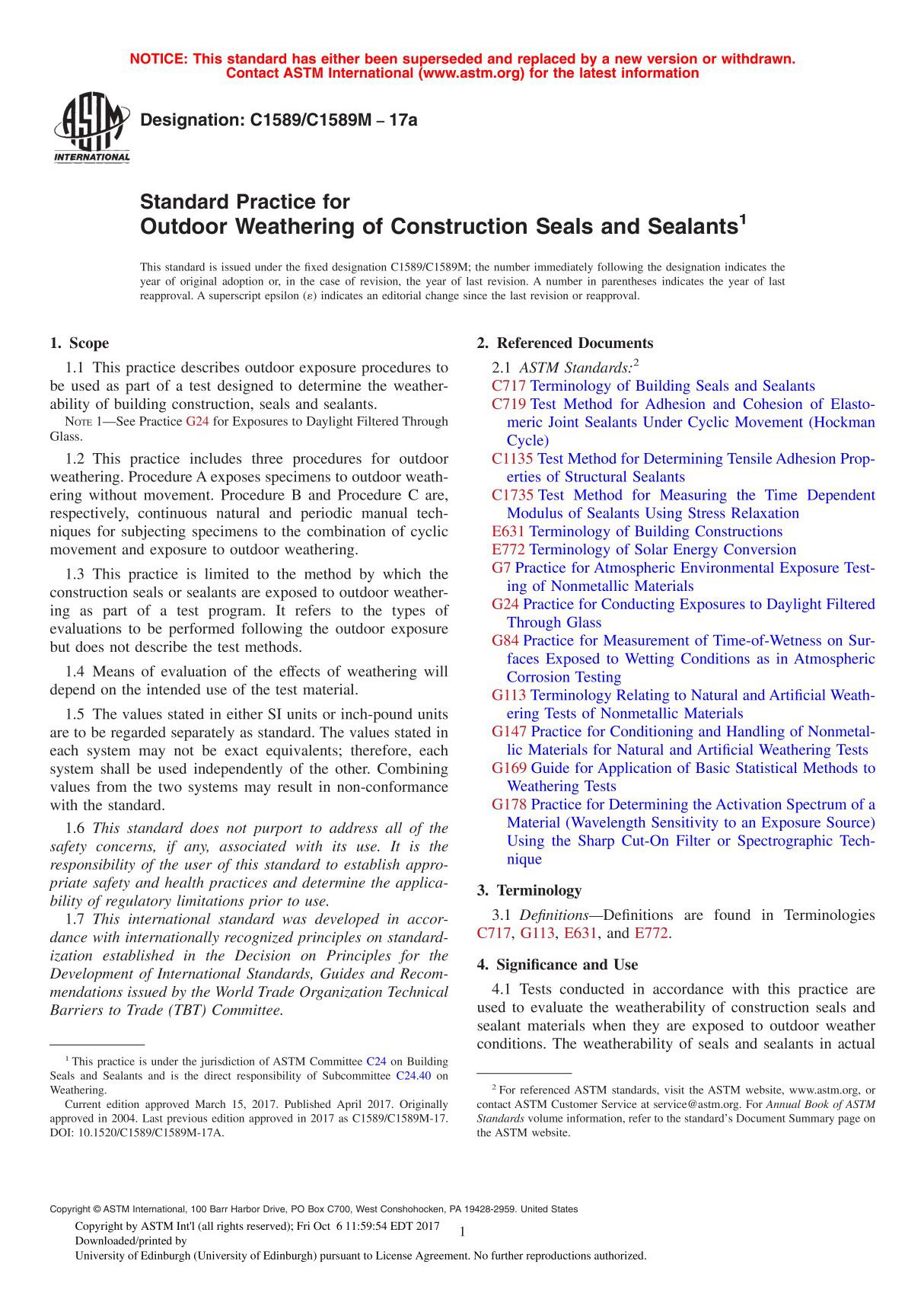 ASTM C1589 C1589M - 17 Standard Practice for Outdoor Weathering of Construction Seals and Sealant