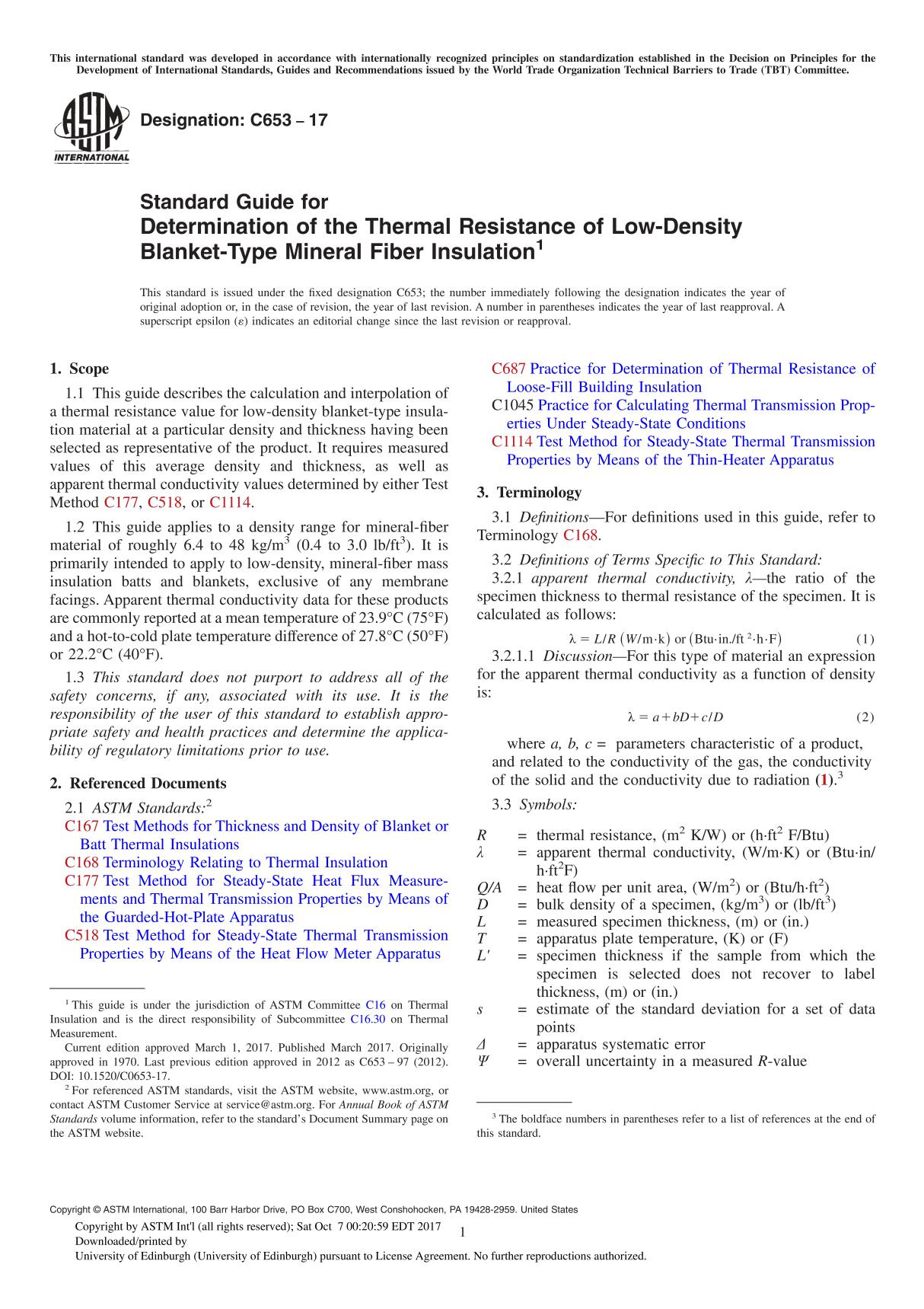 ASTM C653-17 Standard Guide for Determination of the Thermal Resistance of Low-Density Blanket-Type Mineral Fiber Insulation