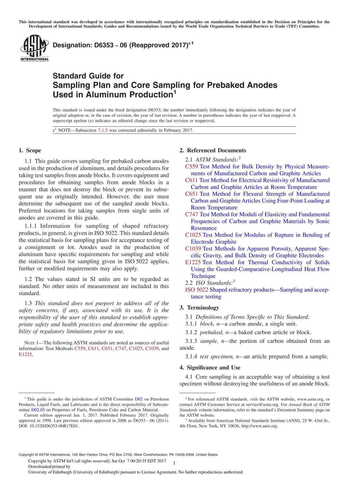 ASTM D6353-06(2017)e1 Standard Guide for Sampling Plan and Core Sampling for Prebaked Anodes Used in Aluminum Production