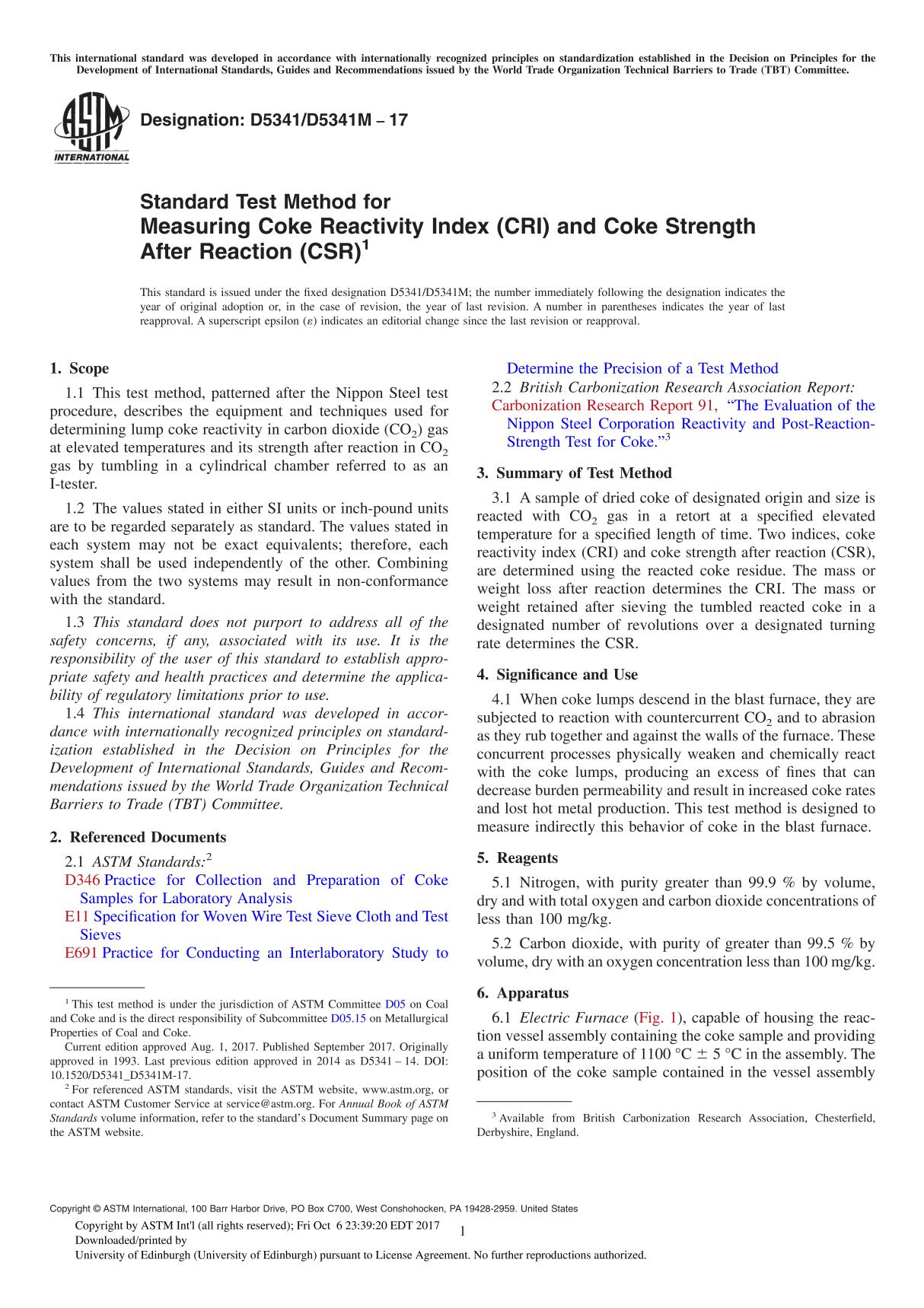 ASTM D5341 D5341M-17 Standard Test Method for Measuring Coke Reactivity Index (CRI) and Coke Strength After Reaction (CSR)