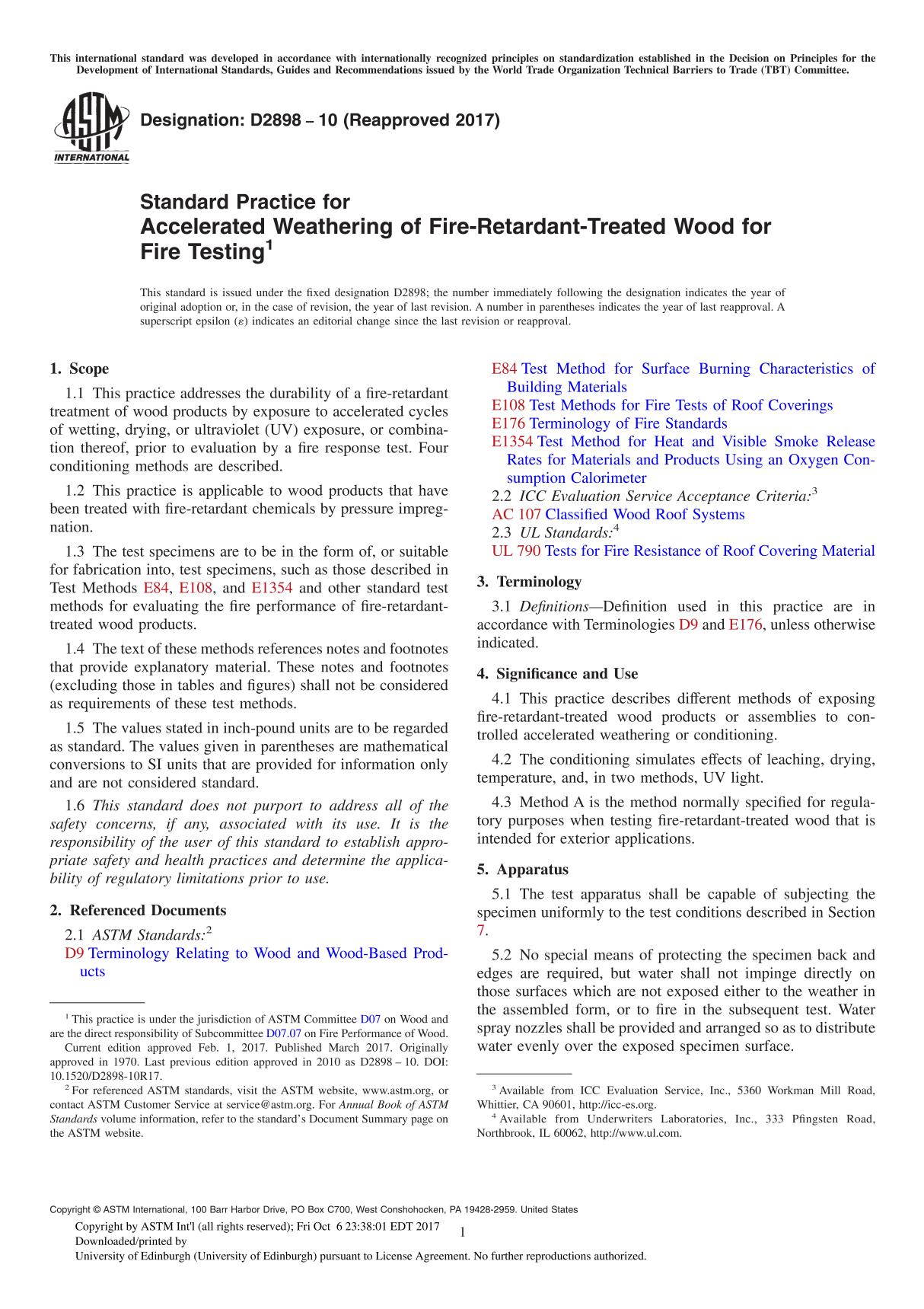 ASTM D2898-10(2017) Standard Practice for Accelerated Weathering of Fire-Retardant-Treated Wood for Fire Testing