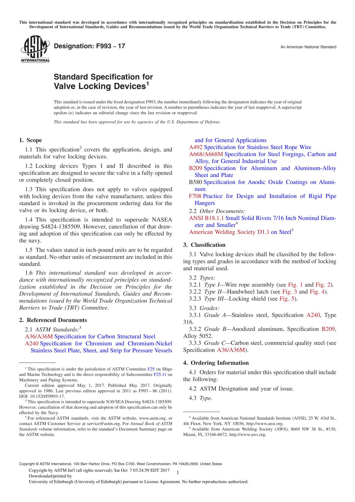 ASTM F993-17 Standard Specification for Valve Locking Device