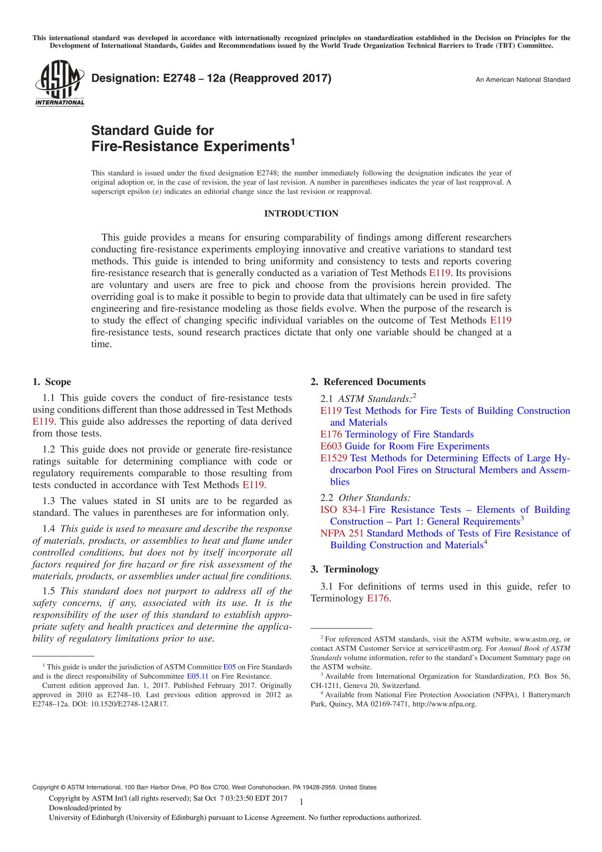 ASTM E2748-12a(2017) Standard Guide for Fire-Resistance Experiment