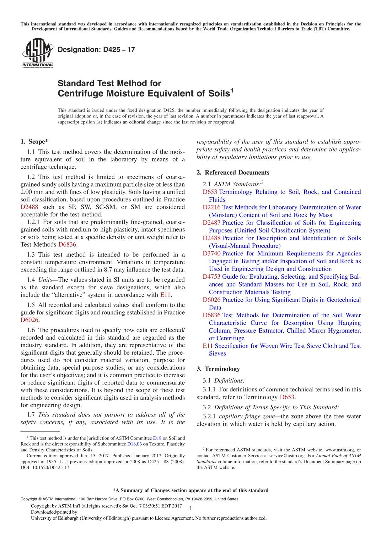 ASTM D425-17 Standard Test Method for Centrifuge Moisture Equivalent of Soil