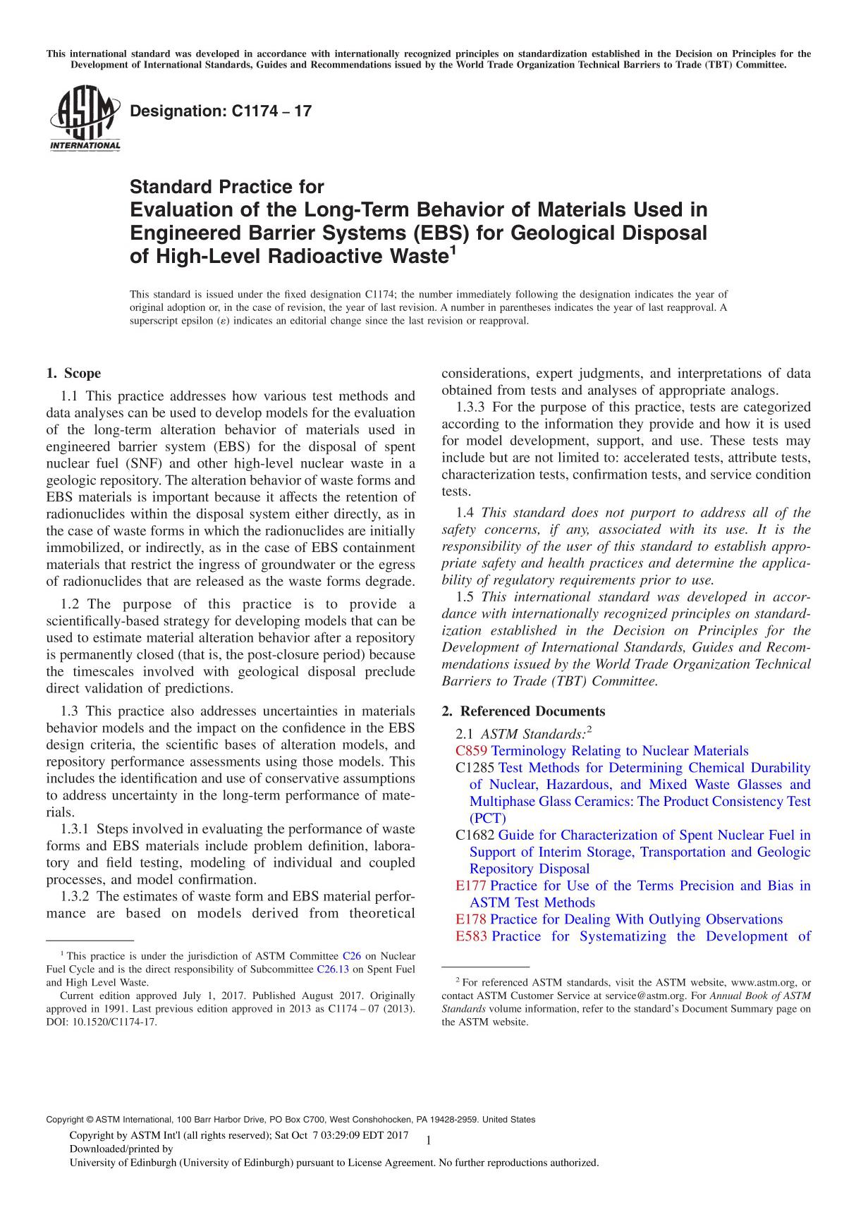 ASTM C1174-17 Standard Practice for Evaluation of the Long-Term Behavior of Materials Used in Engineered Barrier Systems (EBS) f