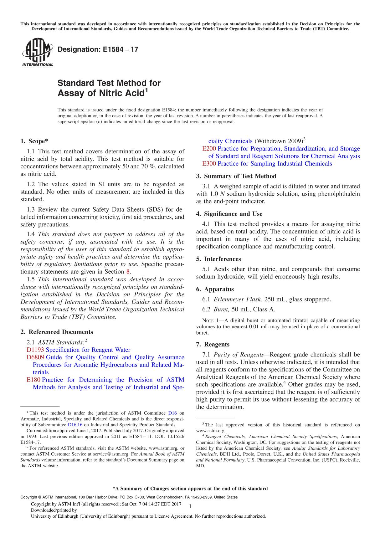 ASTM E1584-17 Standard Test Method for Assay of Nitric Acid