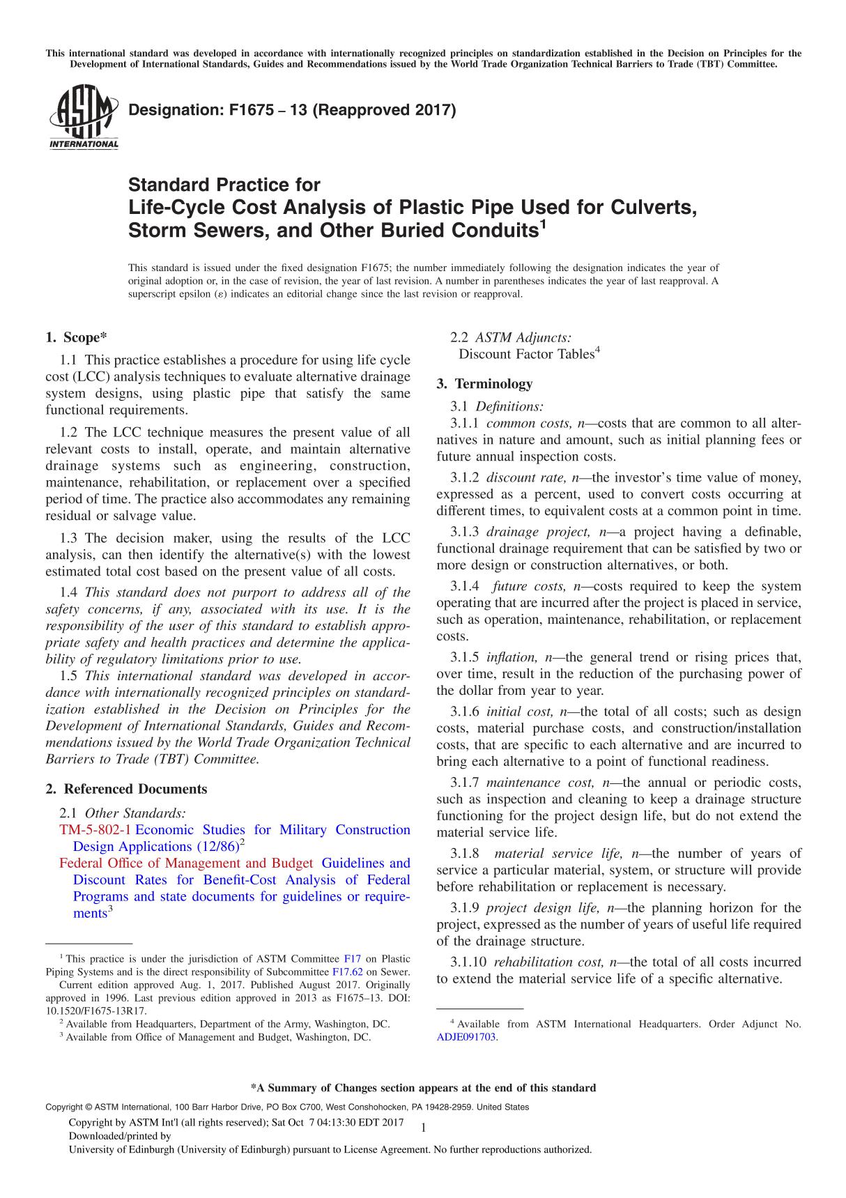 ASTM F1675-13(2017) Standard Practice for Life-Cycle Cost Analysis of Plastic Pipe Used for Culverts, Storm Sewers, and Other Bu