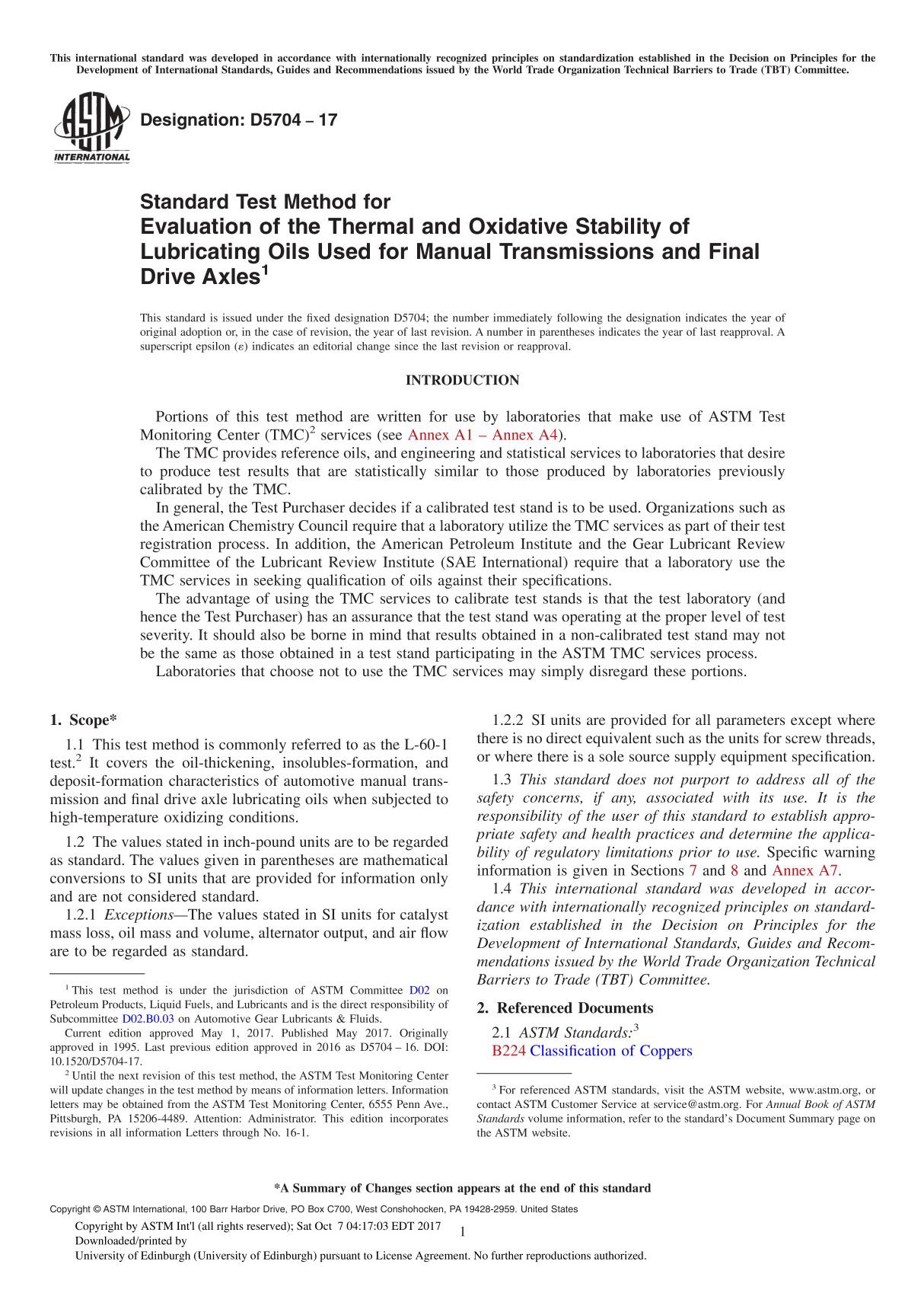 ASTM D5704-17 Standard Test Method for Evaluation of the Thermal and Oxidative Stability of Lubricating Oils Used for Manual Tra