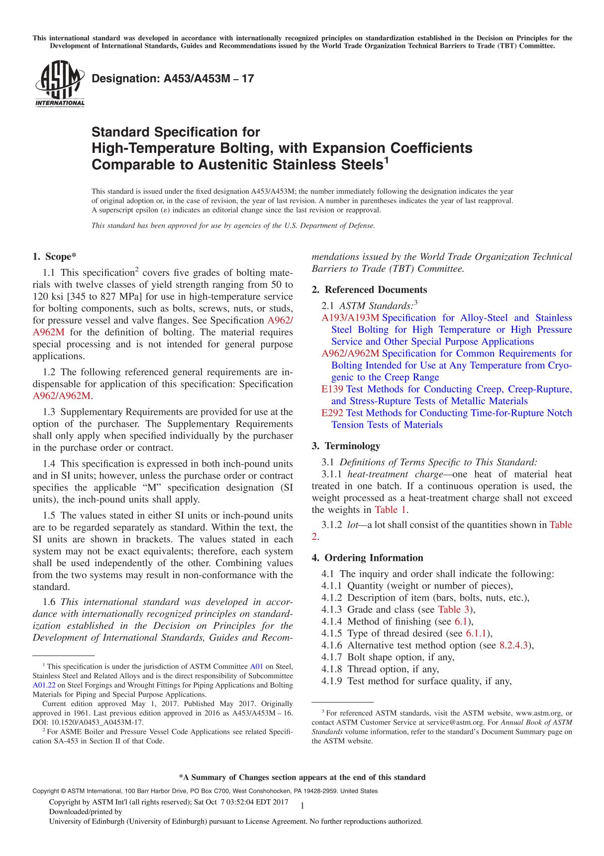 ASTM A453A453M-17 Standard Specification for High-Temperature Bolting, with Expansion Coefficients Comparable to Austenitic Stai