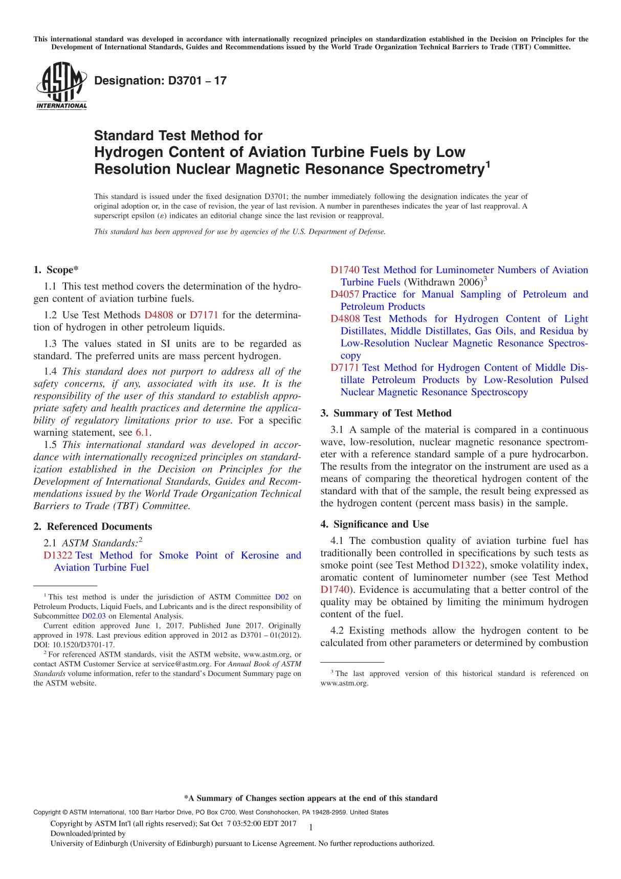 ASTM D3701-17 Standard Test Method for Hydrogen Content of Aviation Turbine Fuels by Low Resolution Nuclear Magnetic Resonance S