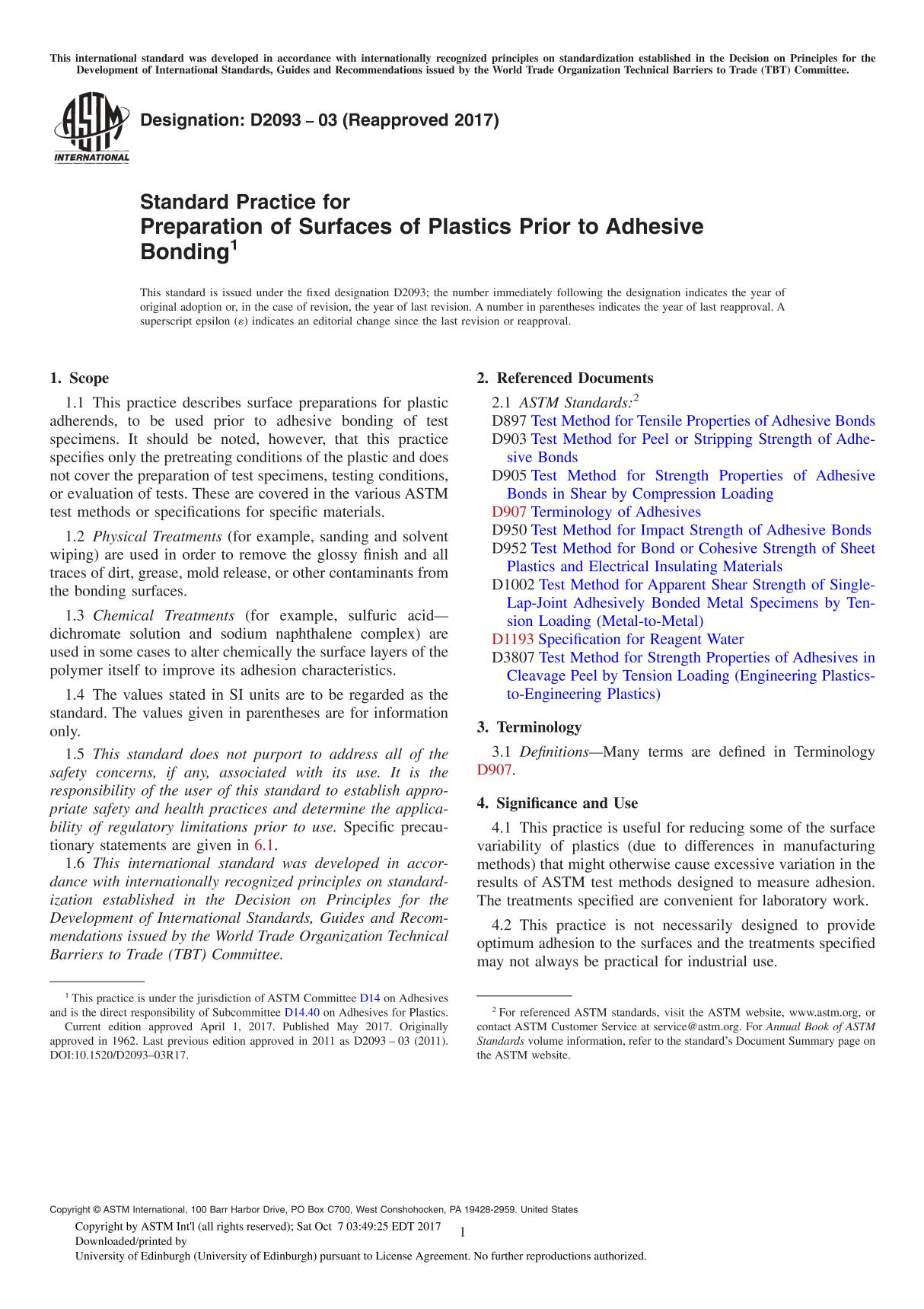 ASTM D2093-03(2017) Standard Practice for Preparation of Surfaces of Plastics Prior to Adhesive Bonding