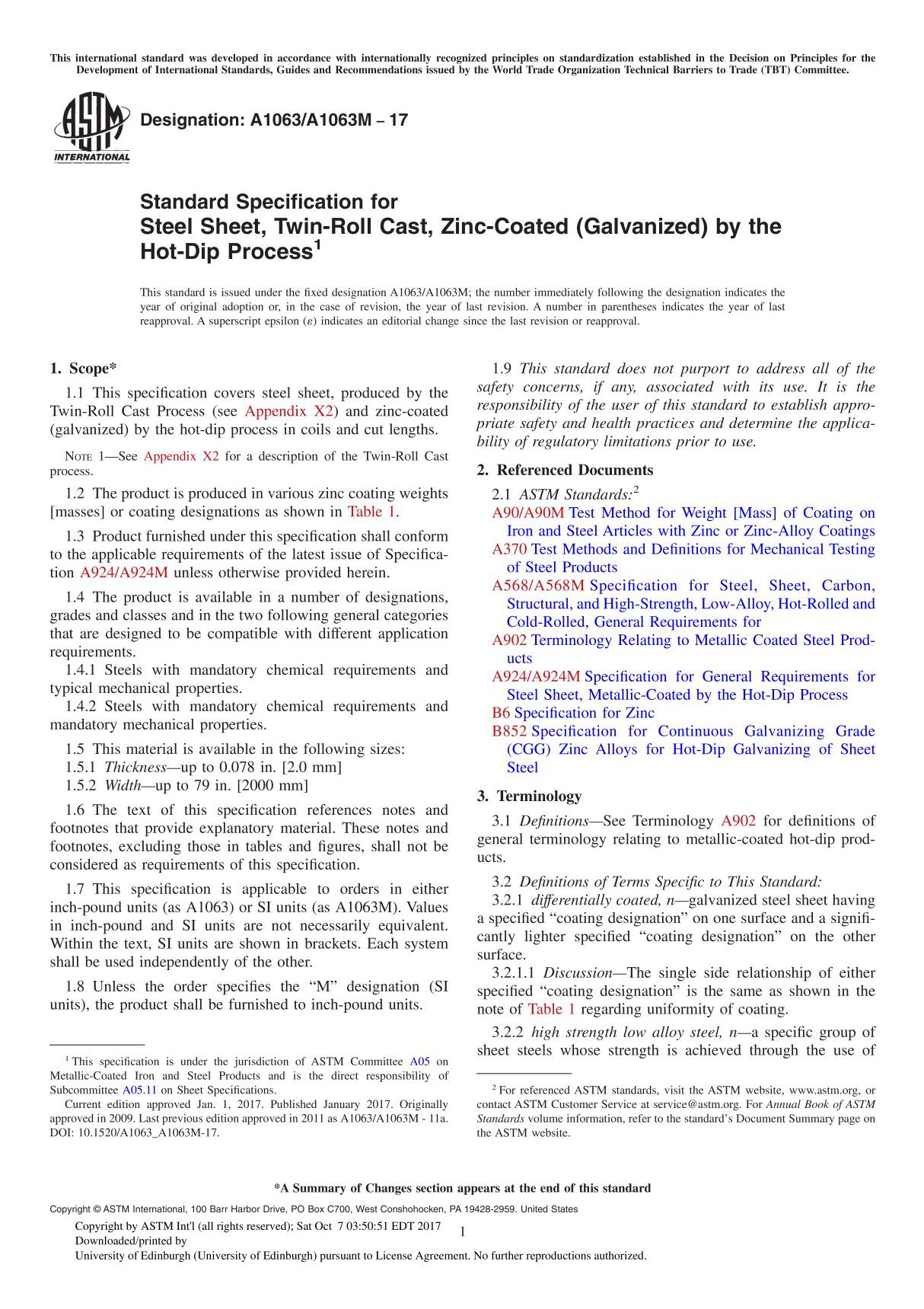 ASTM A1063A1063M-17 Standard Specification for Steel Sheet, Twin-Roll Cast, Zinc-Coated (Galvanized) by the Hot-Dip Proce