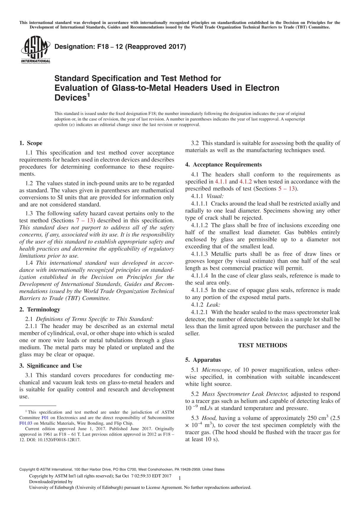 ASTM F18-12(2017) Standard Specification and Test Method for Evaluation of Glass-to-Metal Headers Used in Electron Device