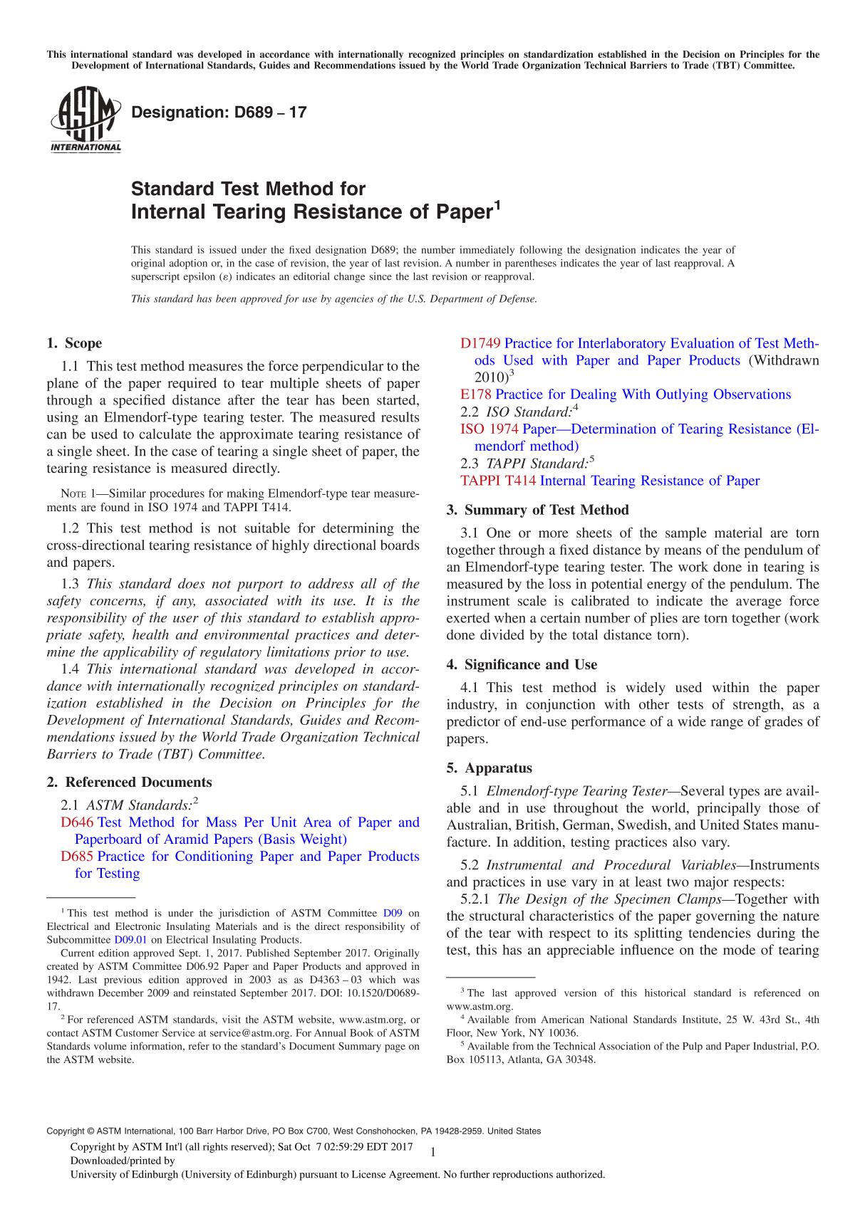 ASTM D689-17 Standard Test Method for Internal Tearing Resistance of Paper