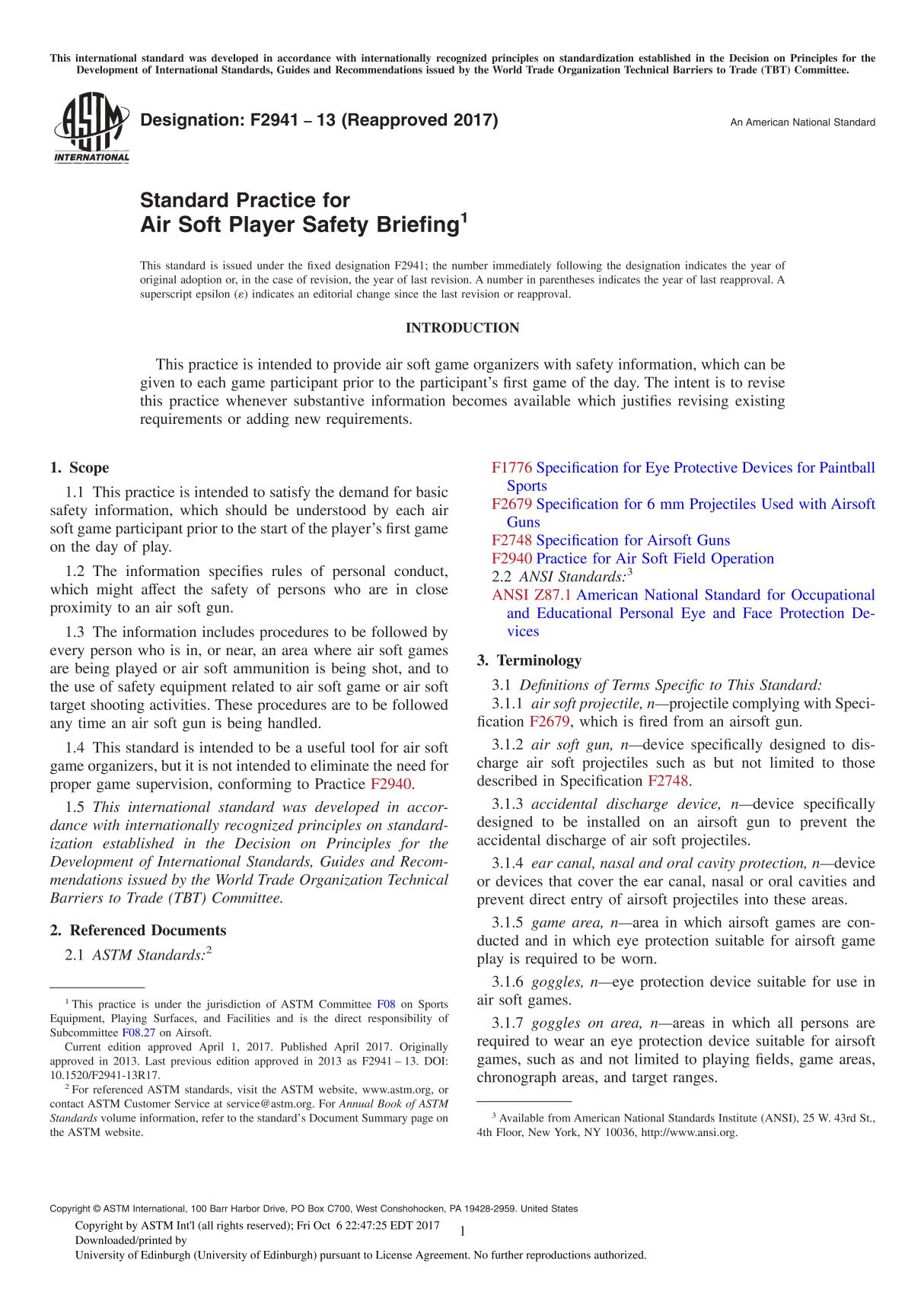 ASTM F2941-13(2017) Standard Practice for Air Soft Player Safety Briefing