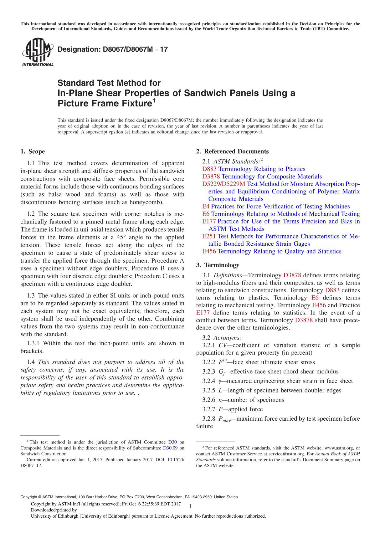 ASTM D8067 D8067M-17 Standard Test Method for In-Plane Shear Properties of Sandwich Panels Using a Picture Frame Fixture