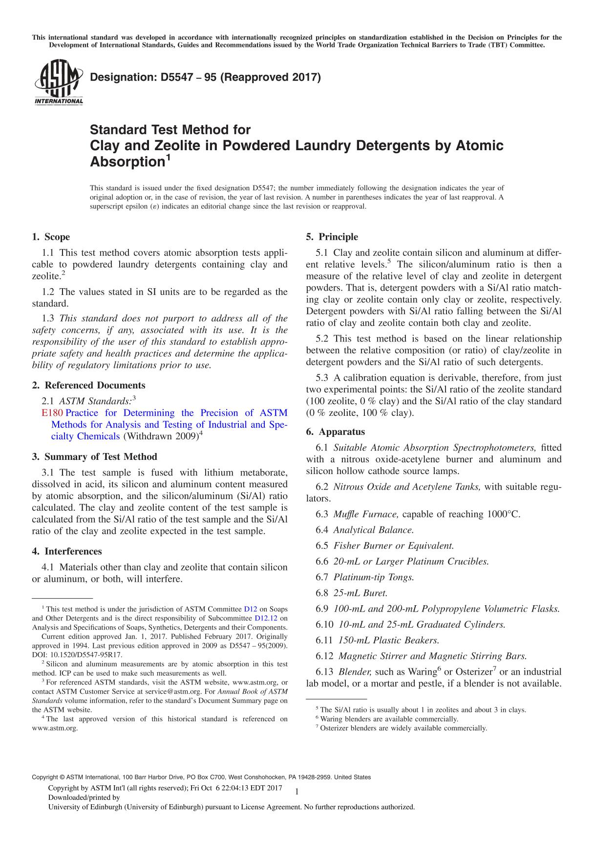 ASTM D5547-95(2017) Standard Test Method for Clay and Zeolite in Powdered Laundry Detergents by Atomic Absorption