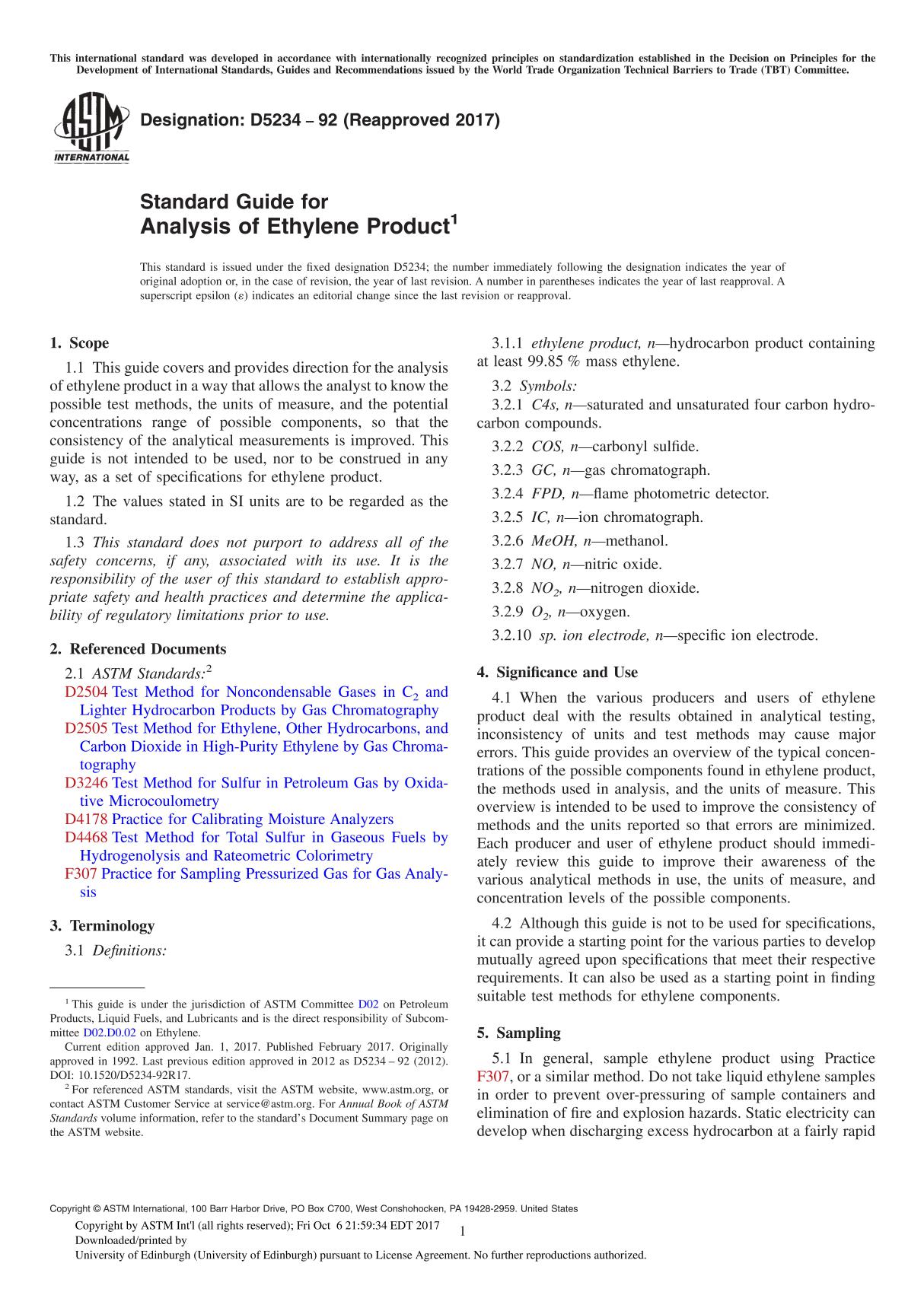 ASTM D5234-92(2017) Standard Guide for Analysis of Ethylene Product