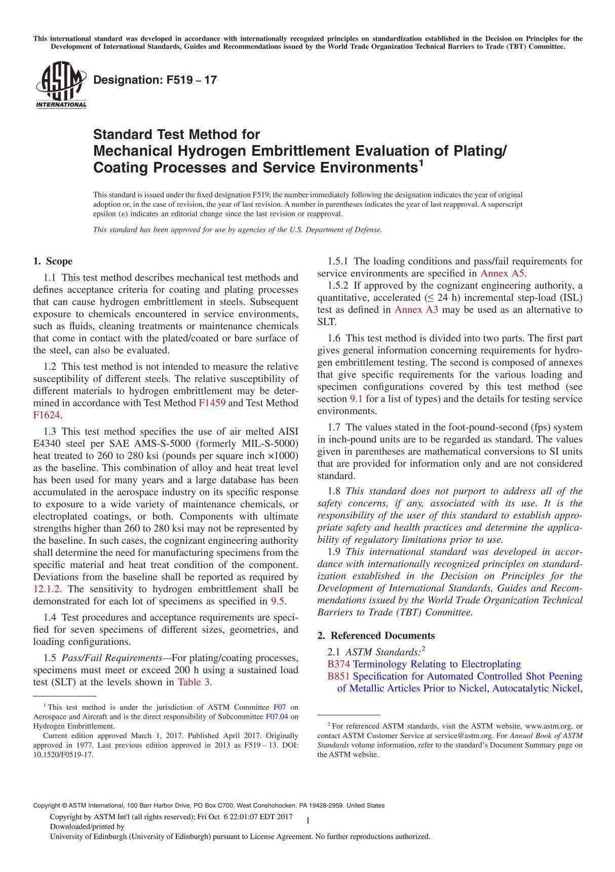 ASTM F519-17 Standard Test Method for Mechanical Hydrogen Embrittlement Evaluation of PlatingCoating Processes and Service Envir