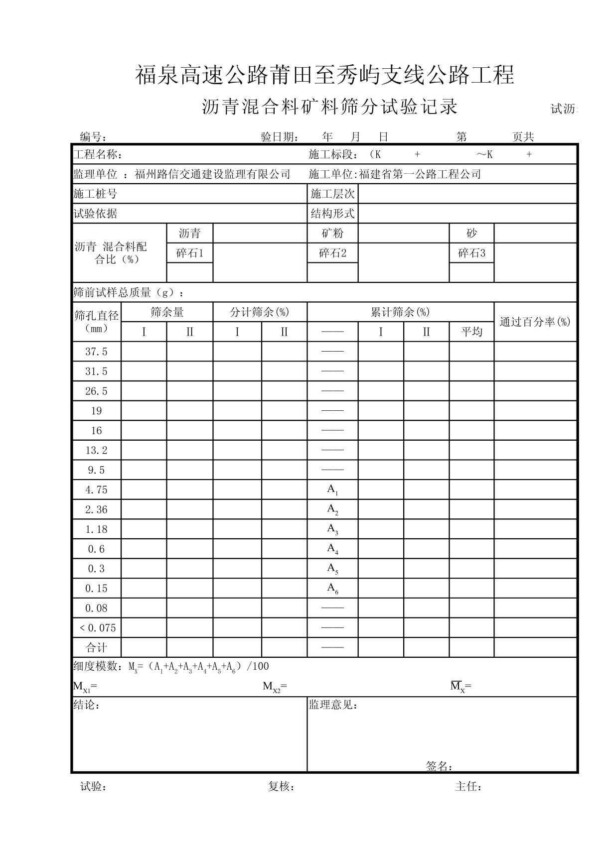 沥青混合料矿料筛分试验报告　　(试沥表2-1)