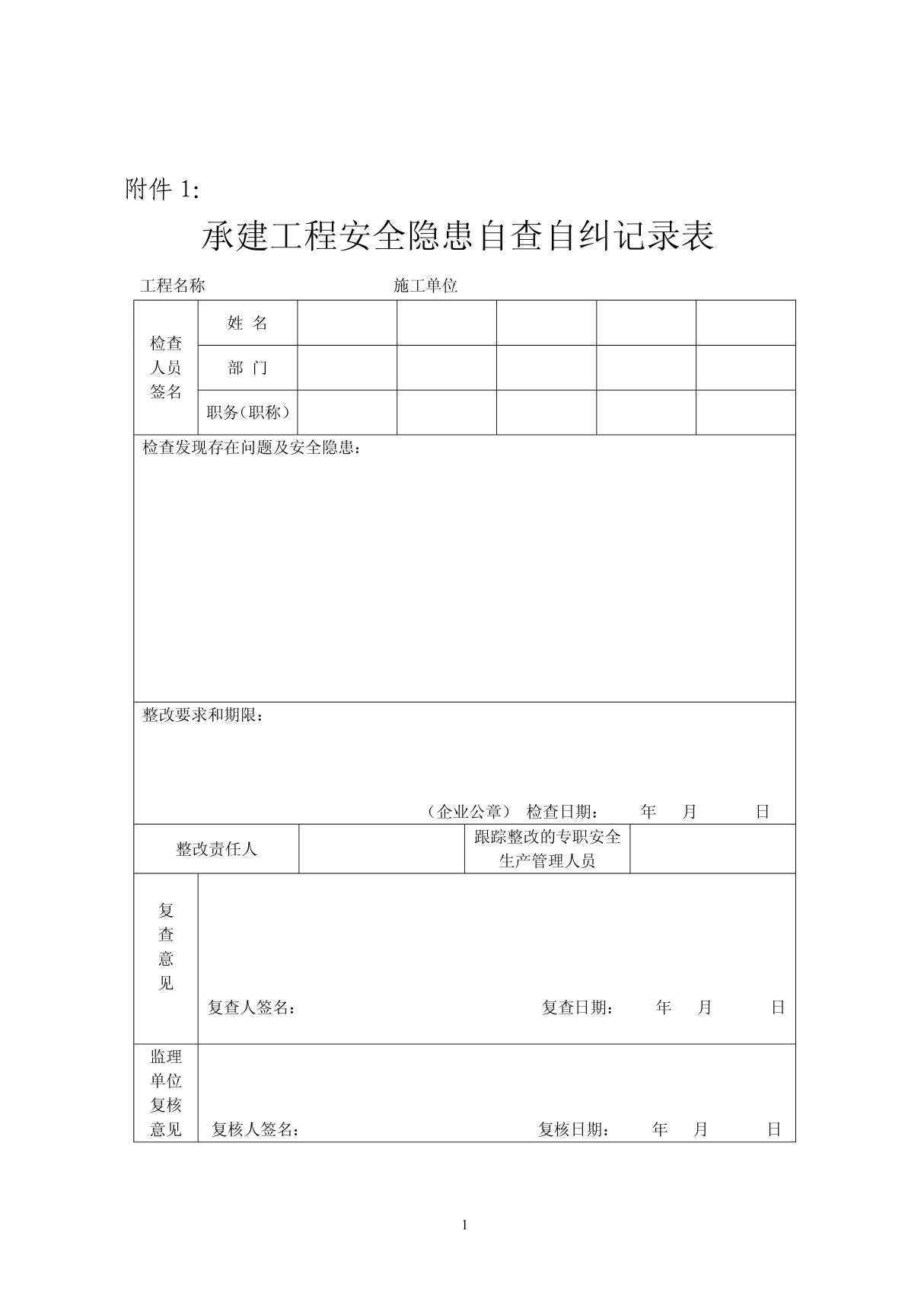 承建工程安全隐患自查自纠记录表