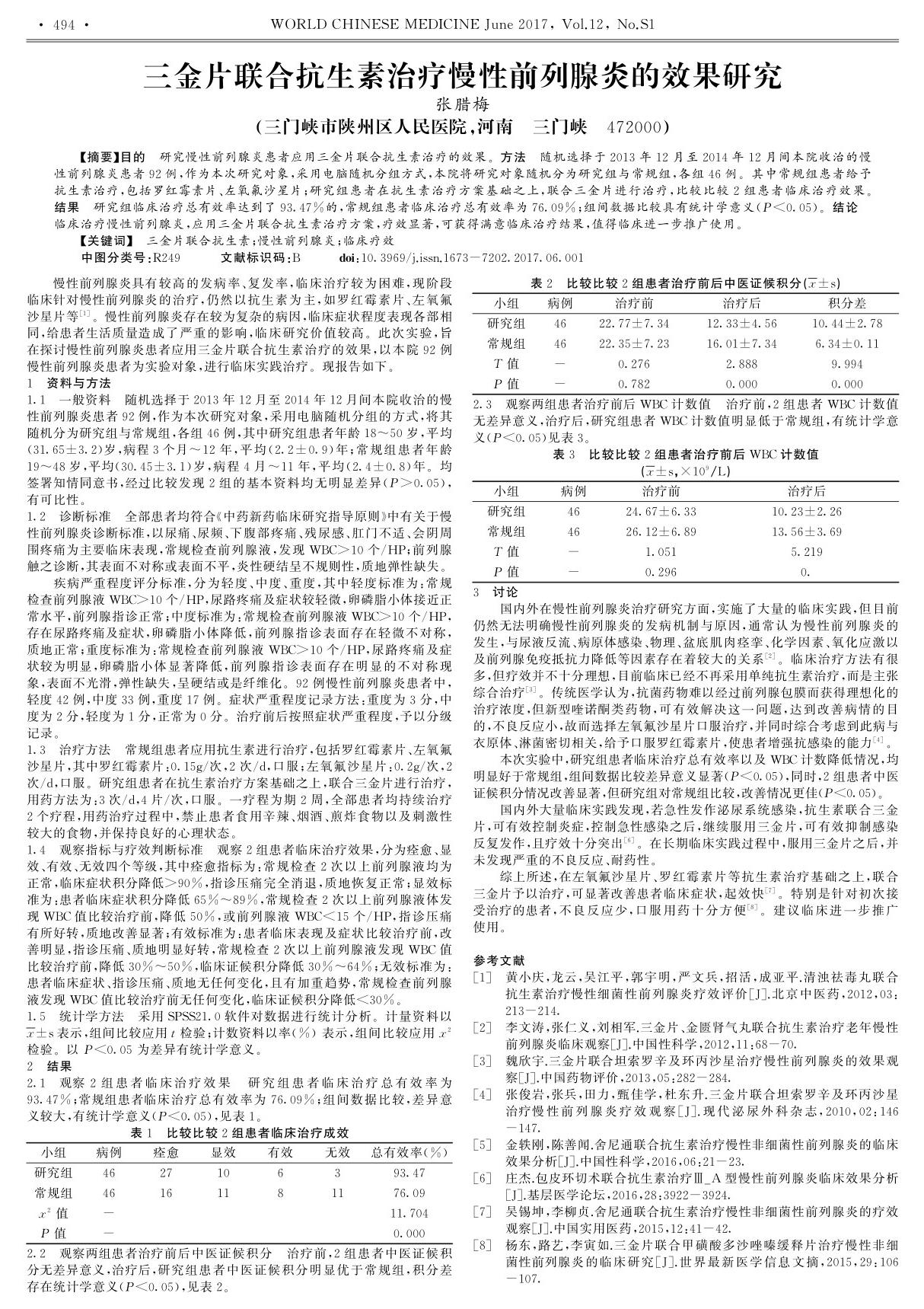 三金片联合抗生素治疗慢性前列腺炎的效果研究