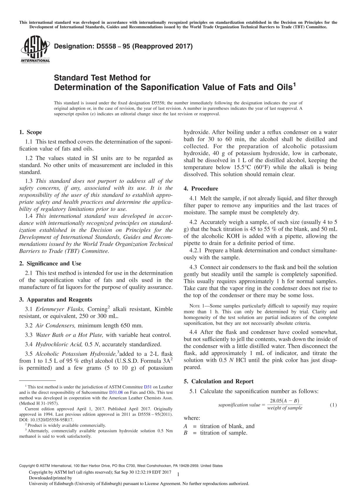 ASTM D5558-95(2017) Standard Test Method for Determination of the Saponification Value of Fats and Oil