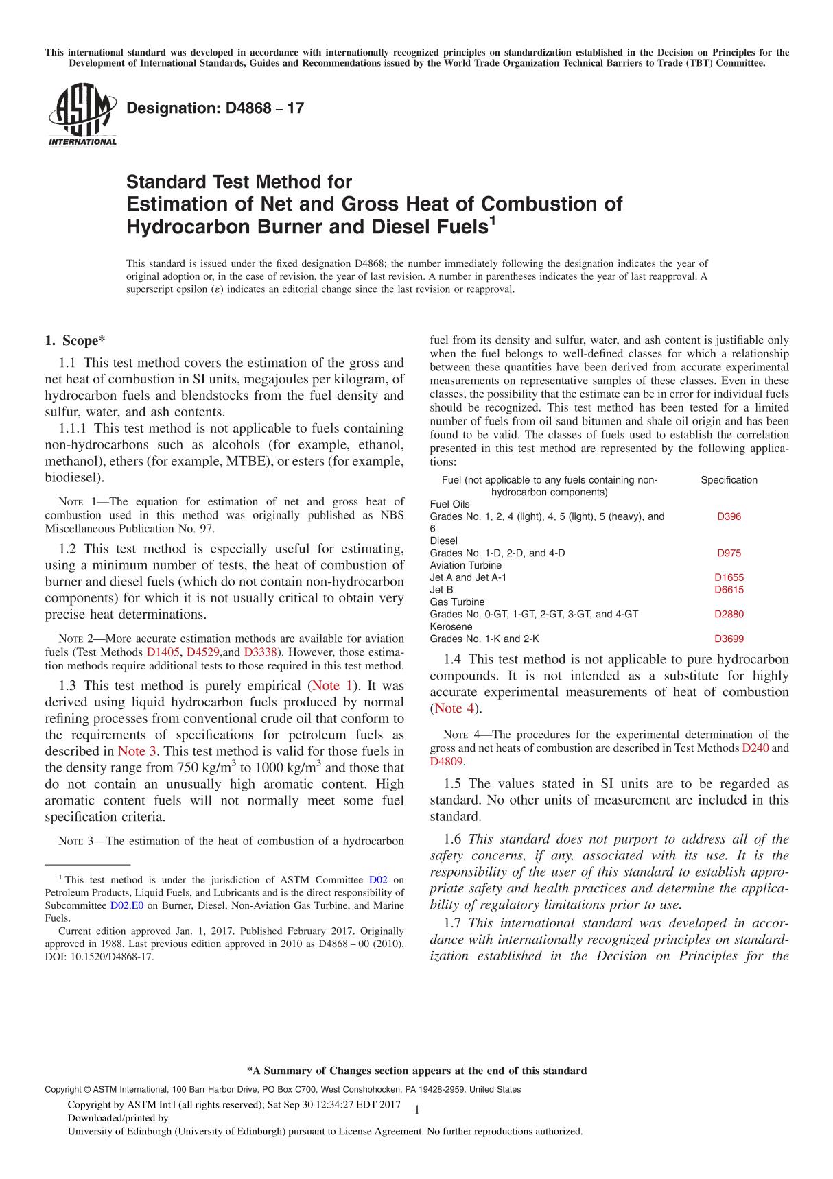 ASTM D4868-17 Standard Test Method for Estimation of Net and Gross Heat of Combustion of Hydrocarbon Burner and Diesel Fuel