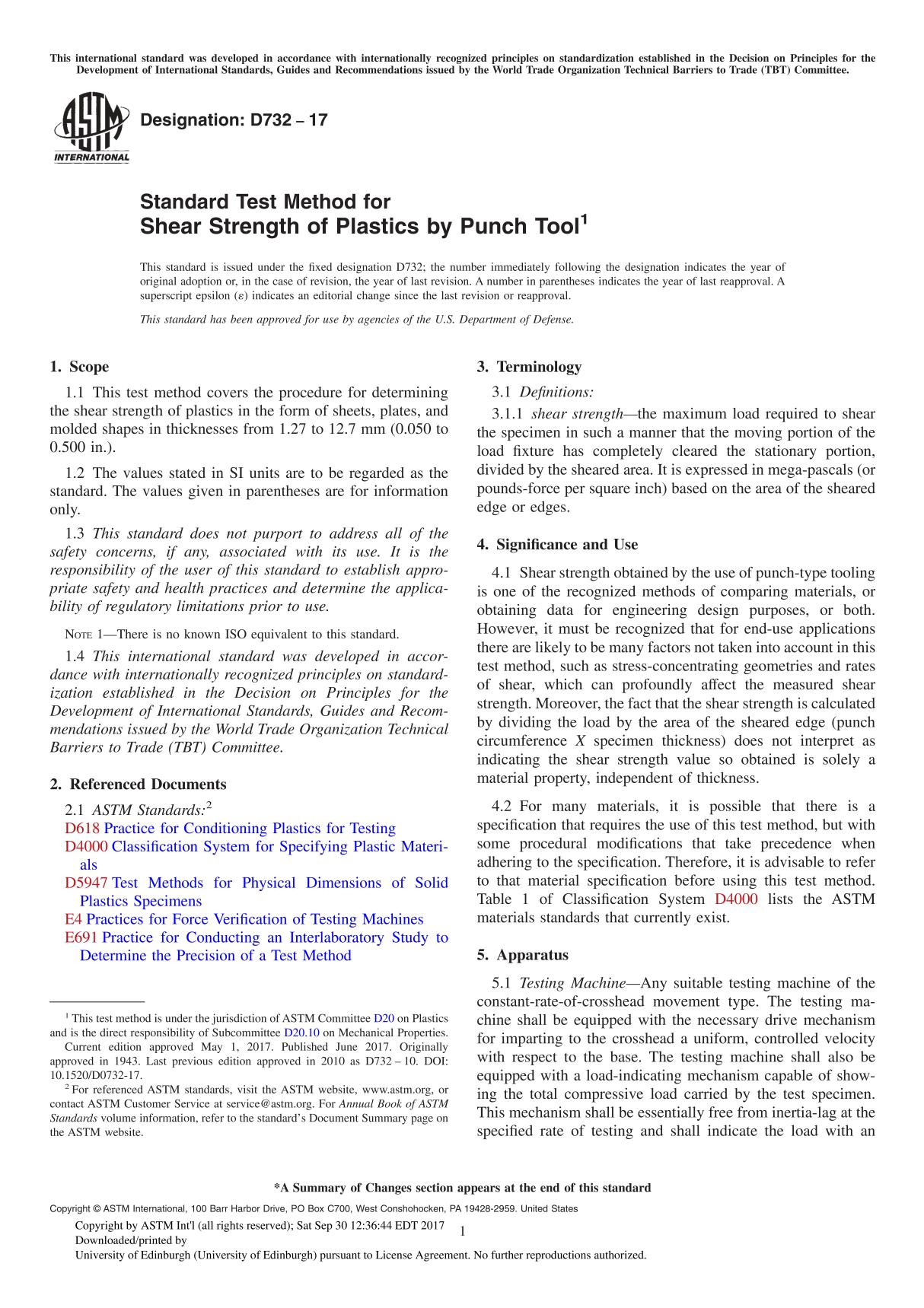 ASTM D732-17 Standard Test Method for Shear Strength of Plastics by Punch Tool