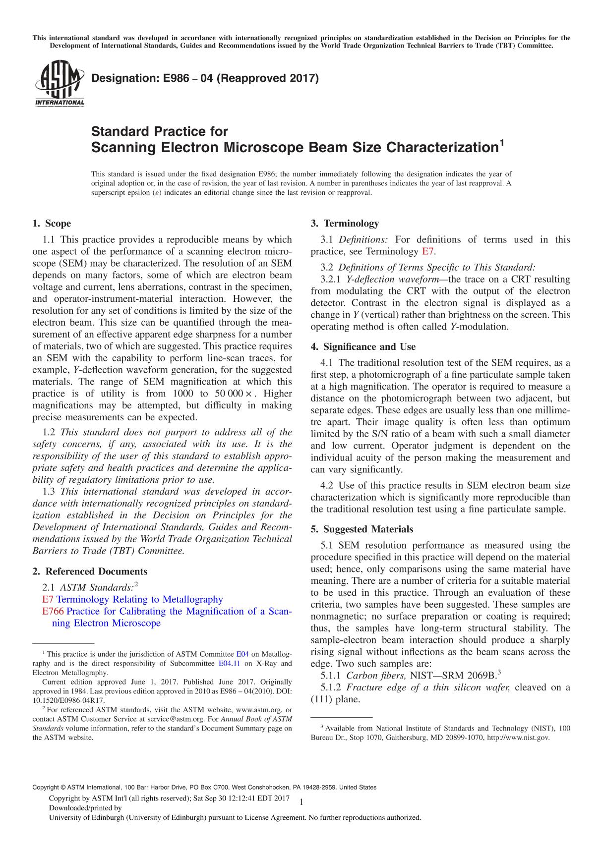 ASTM E986-04(2017) Standard Practice for Scanning Electron Microscope Beam Size Characterization