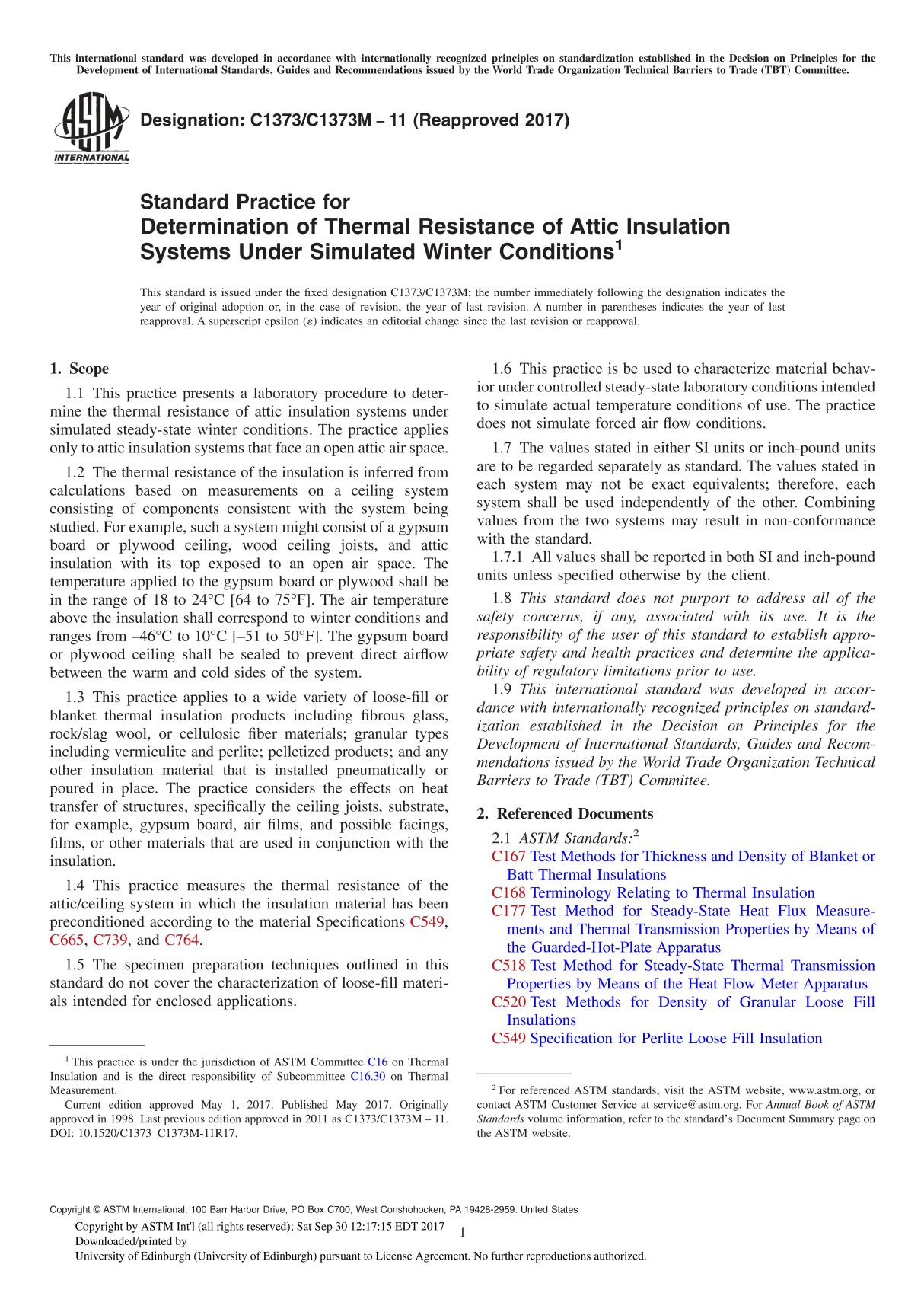 ASTM C1373 C1373M-11(2017) Standard Practice for Determination of Thermal Resistance of Attic Insulation Systems Under Simulated