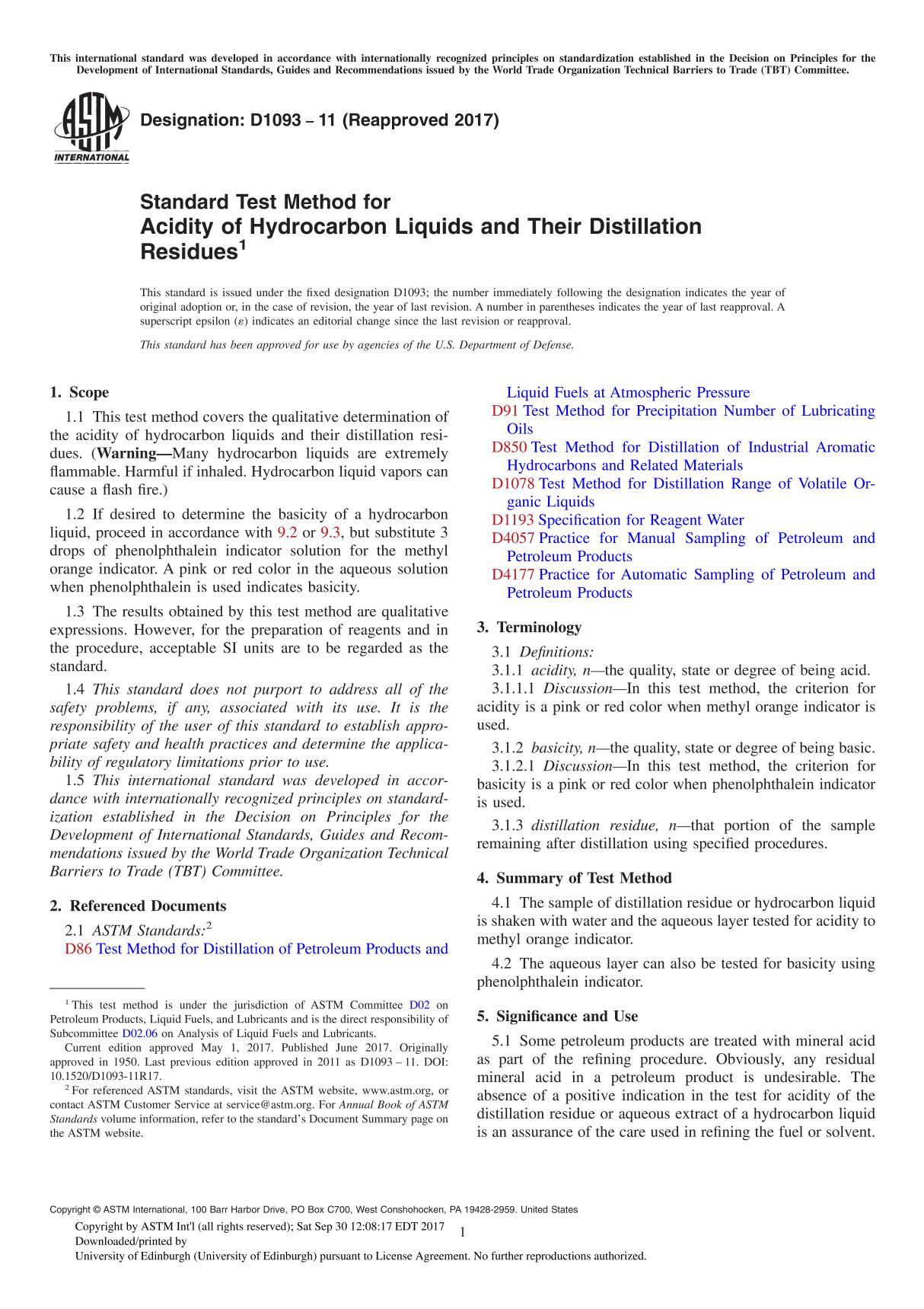 ASTM D1093-11(2017) Standard Test Method for Acidity of Hydrocarbon Liquids and Their Distillation Residue