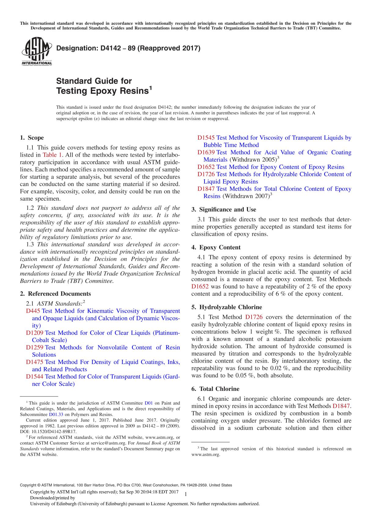 ASTM D4142-89(2017) Standard Guide for Testing Epoxy Resin