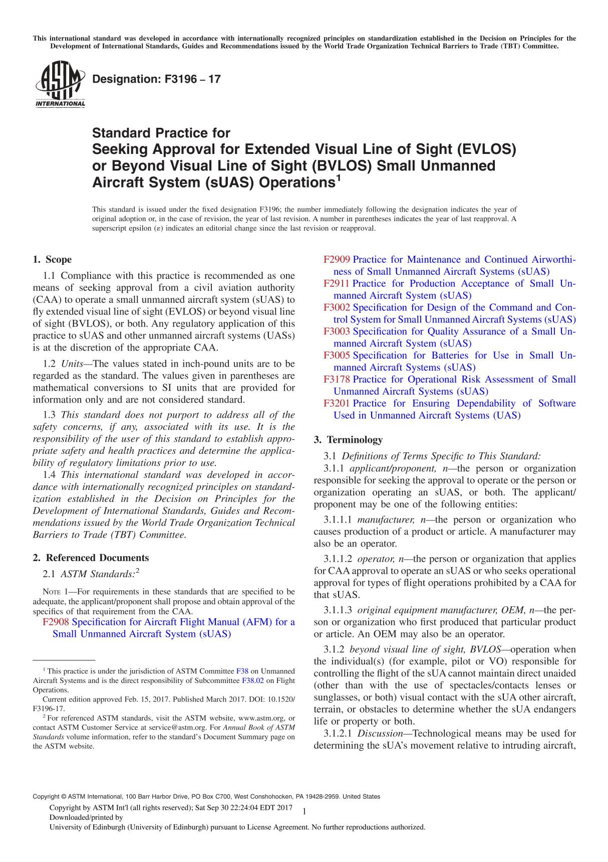 ASTM F3196-17 Standard Practice for Seeking Approval for Extended Visual Line of Sight (EVLOS) or Beyond Visual Line of Sight (B